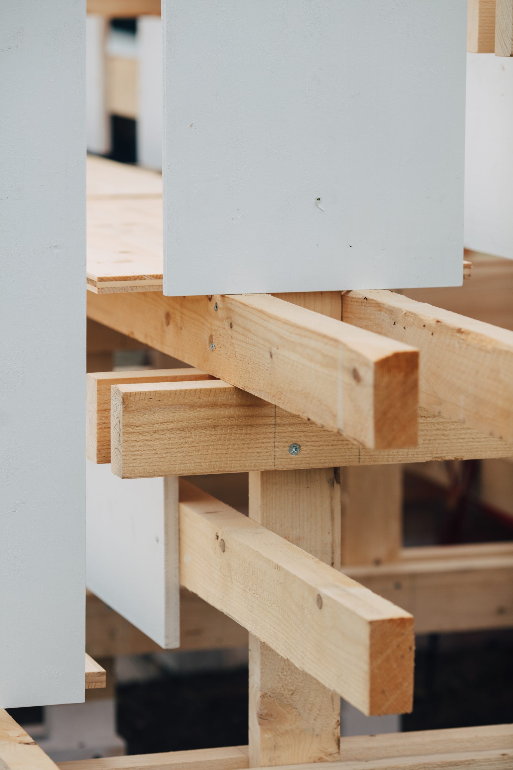 Red bracing and screw-jointed timber structure of Gabonsa Pavilion