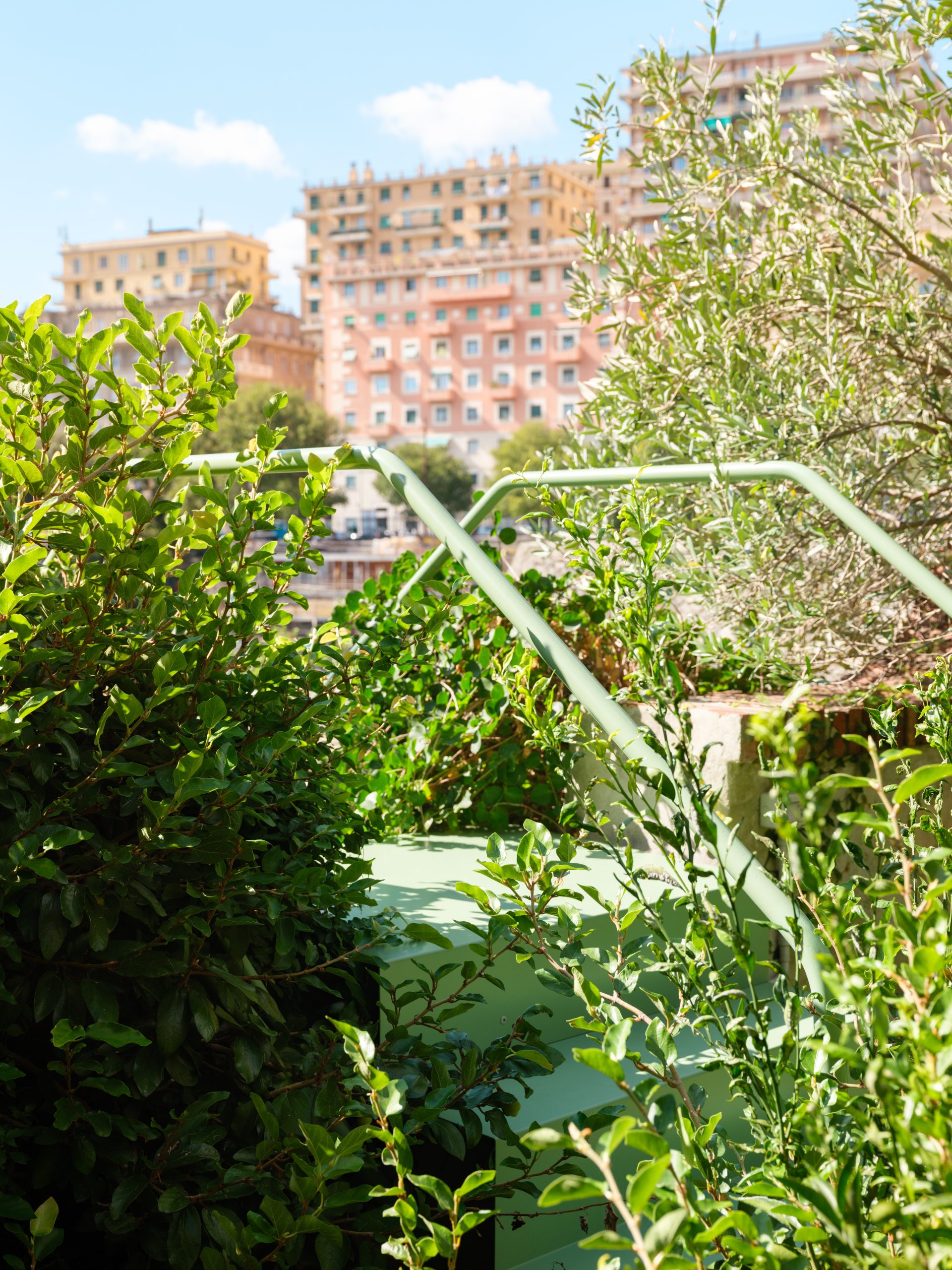 Powder-coated steel staircase connecting two garden levels