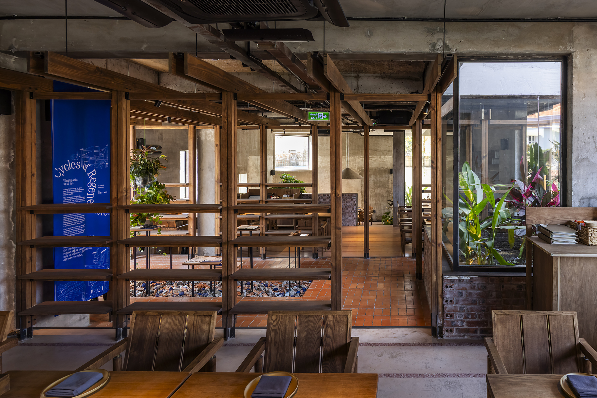 Ground-floor seating arranged within the existing villa