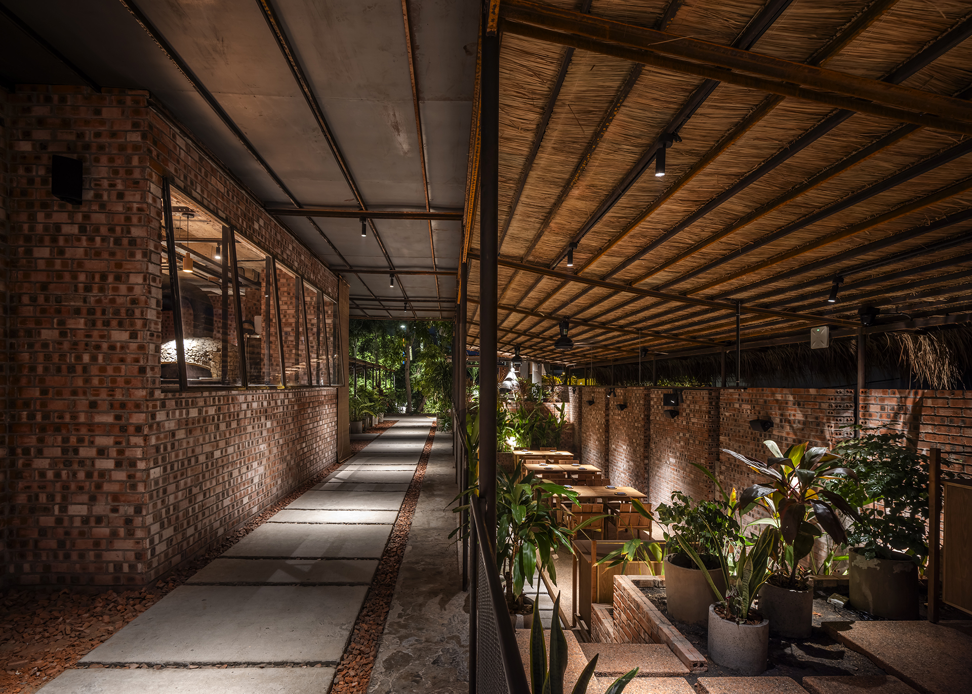 Former swimming pool dining area at night