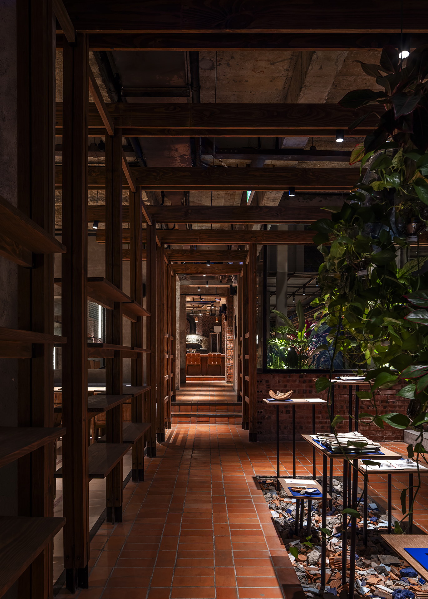 Ground-floor corridor lit after dark