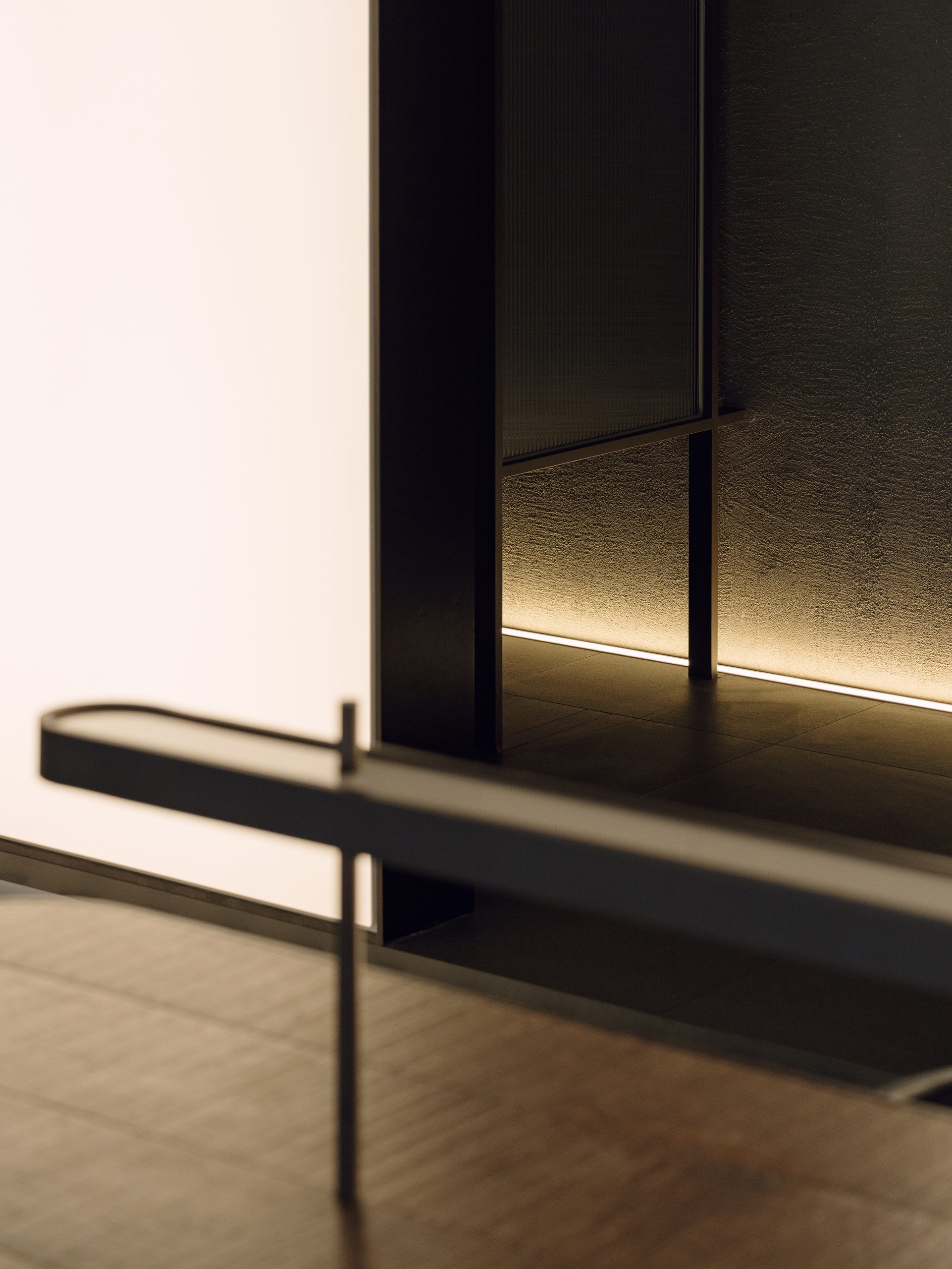 Brown metal lamp complements the solid-wood table