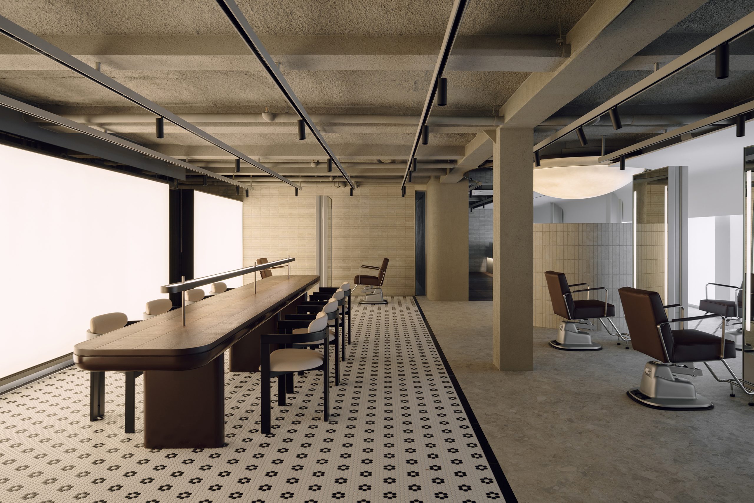 Hair styling area with patterned flooring and exposed structure
