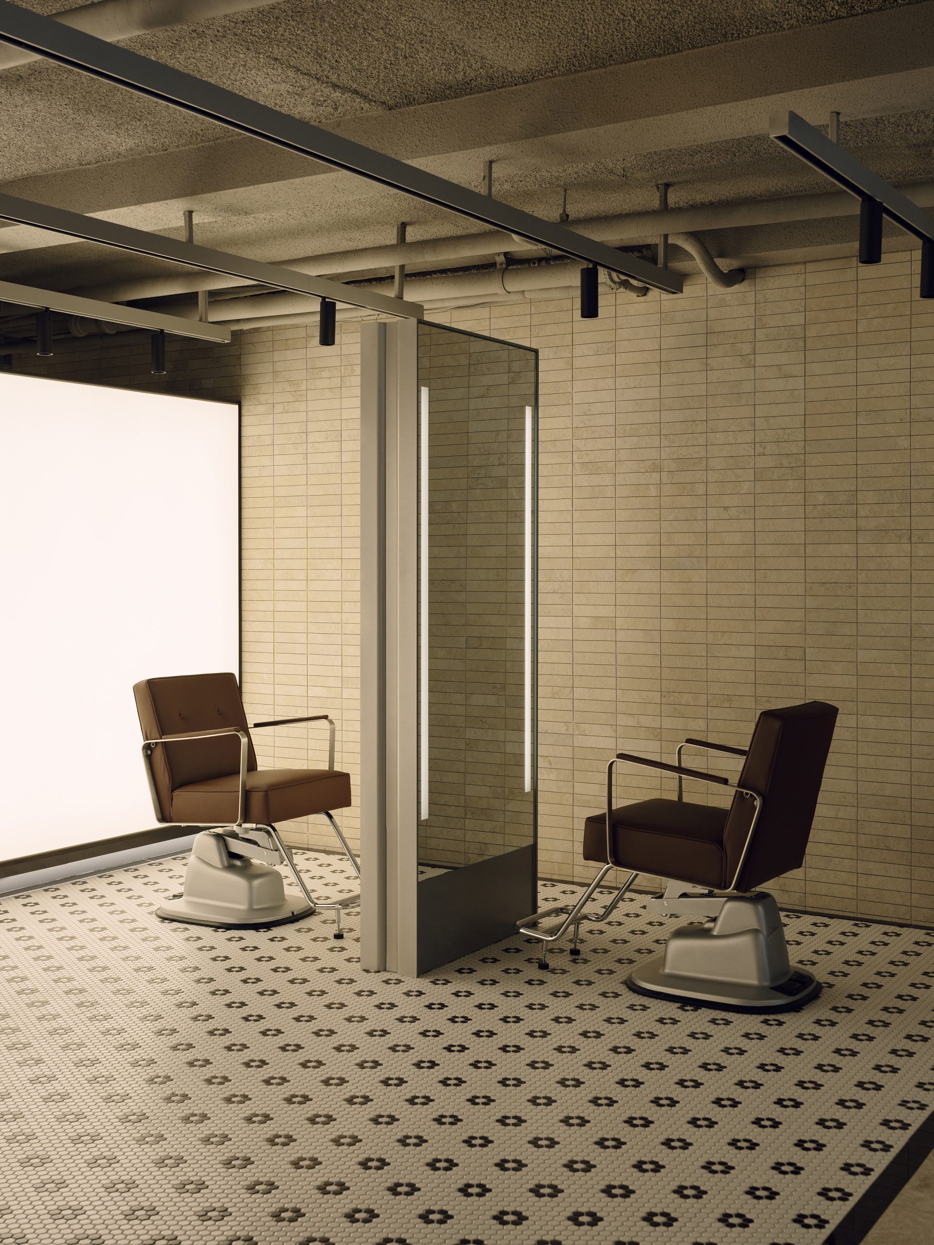 Low lighting creates a calm shampoo area