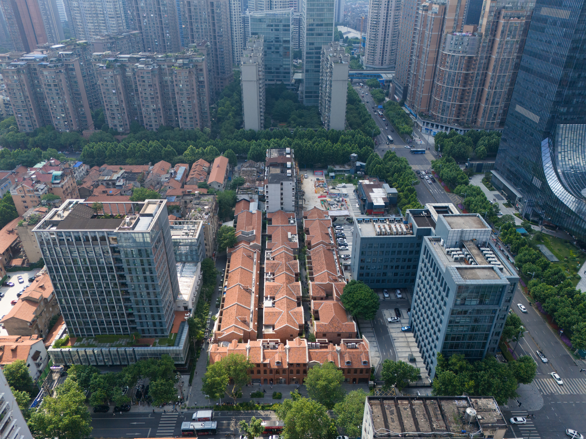 Aerial view of the restored Yanqing Li block within Hankou, Wuhan