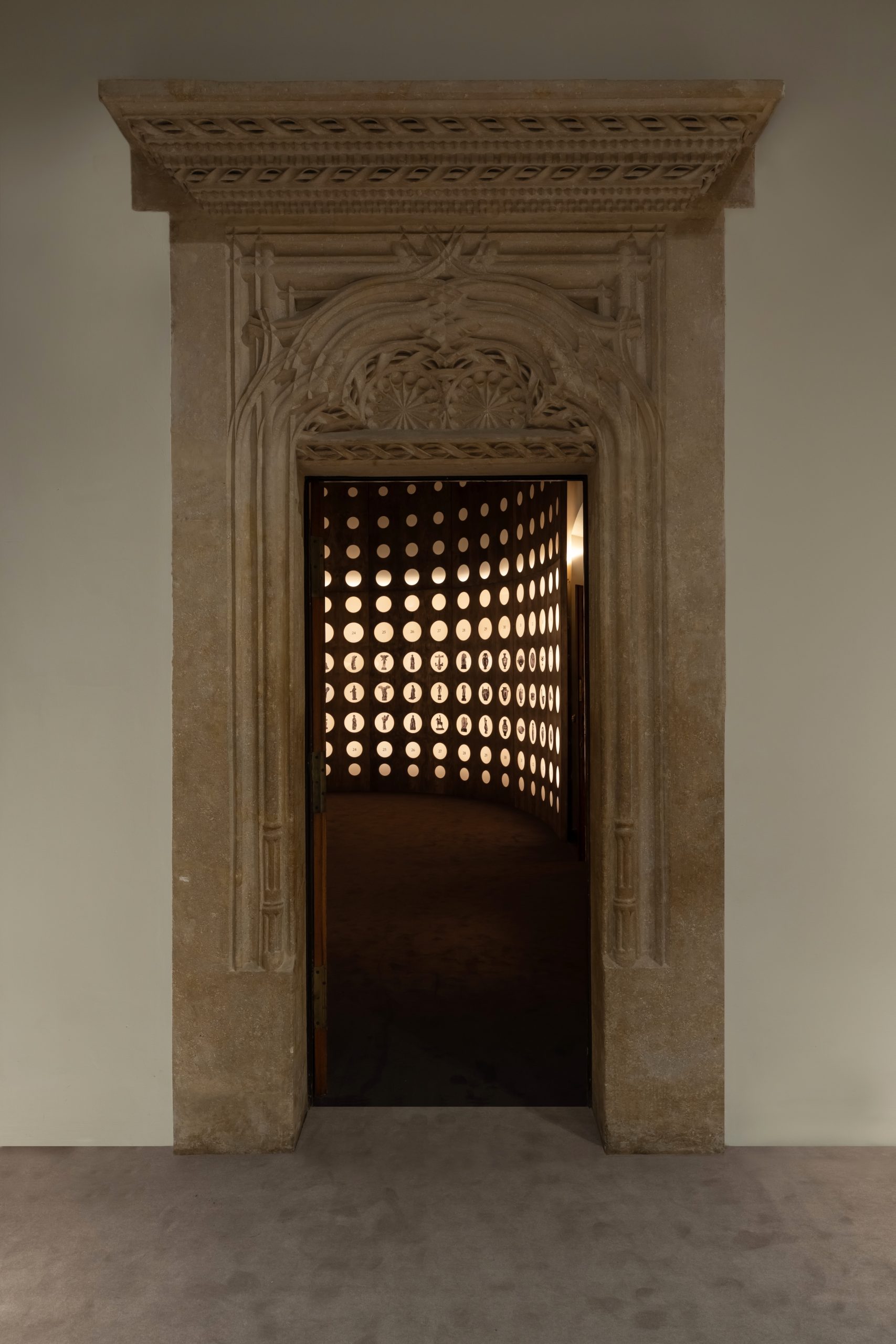 Perforated plywood wall in the Lanckoroński Collection exhibition