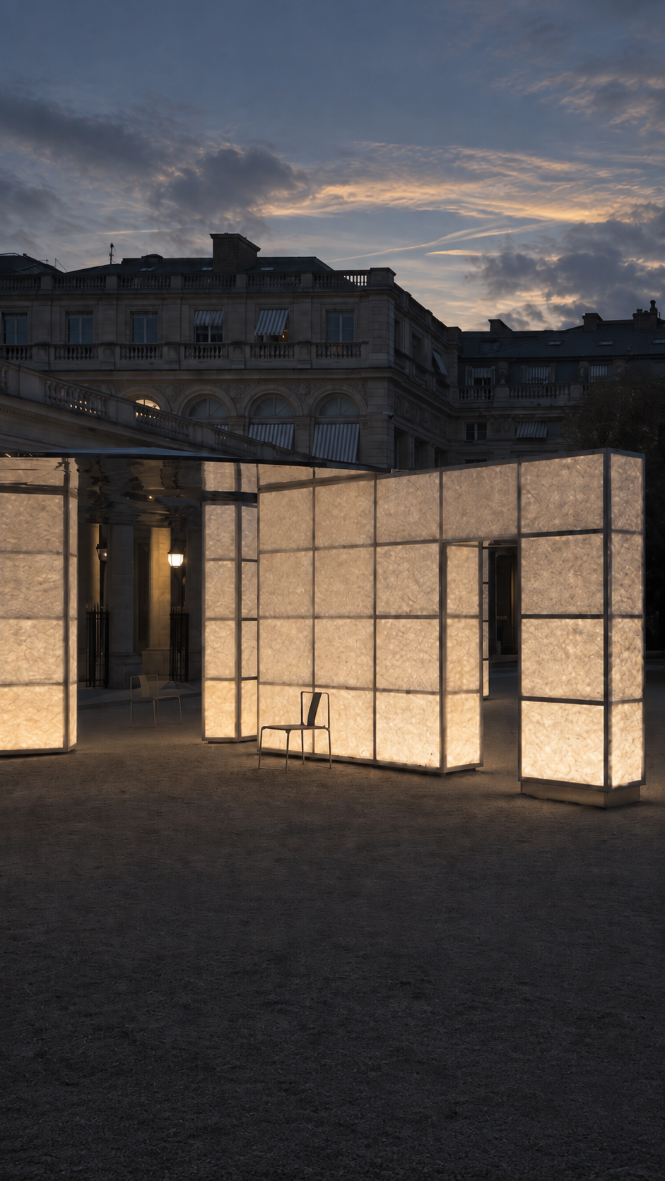 Illumination reveals the wall grid after dark.