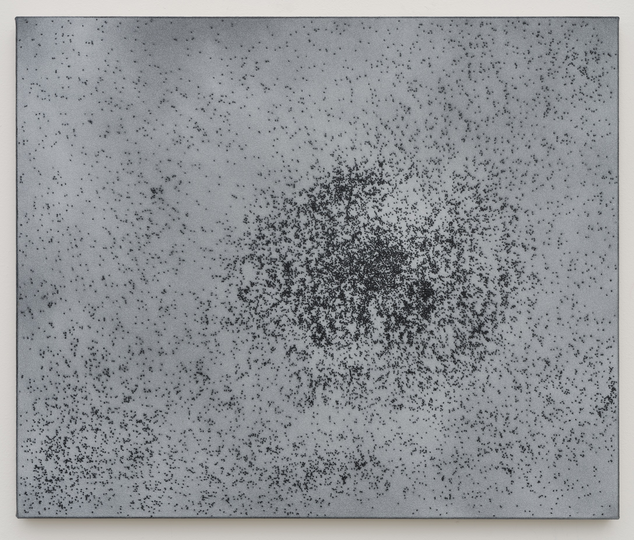 Swarm by Rachel Howard with dense black marks across a grey field