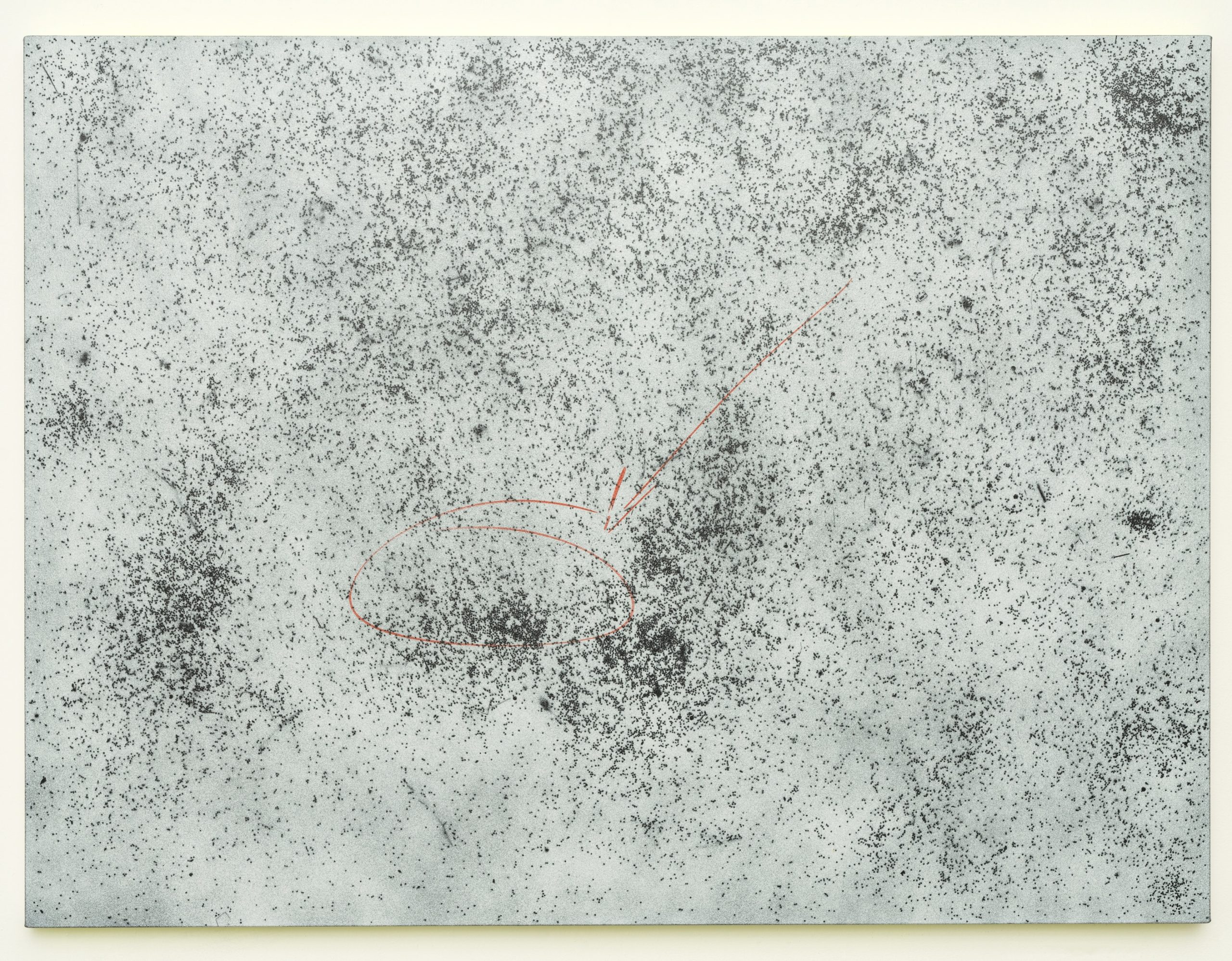 Fine dark marks scattered across the pale surface of Airdrop by Rachel Howard