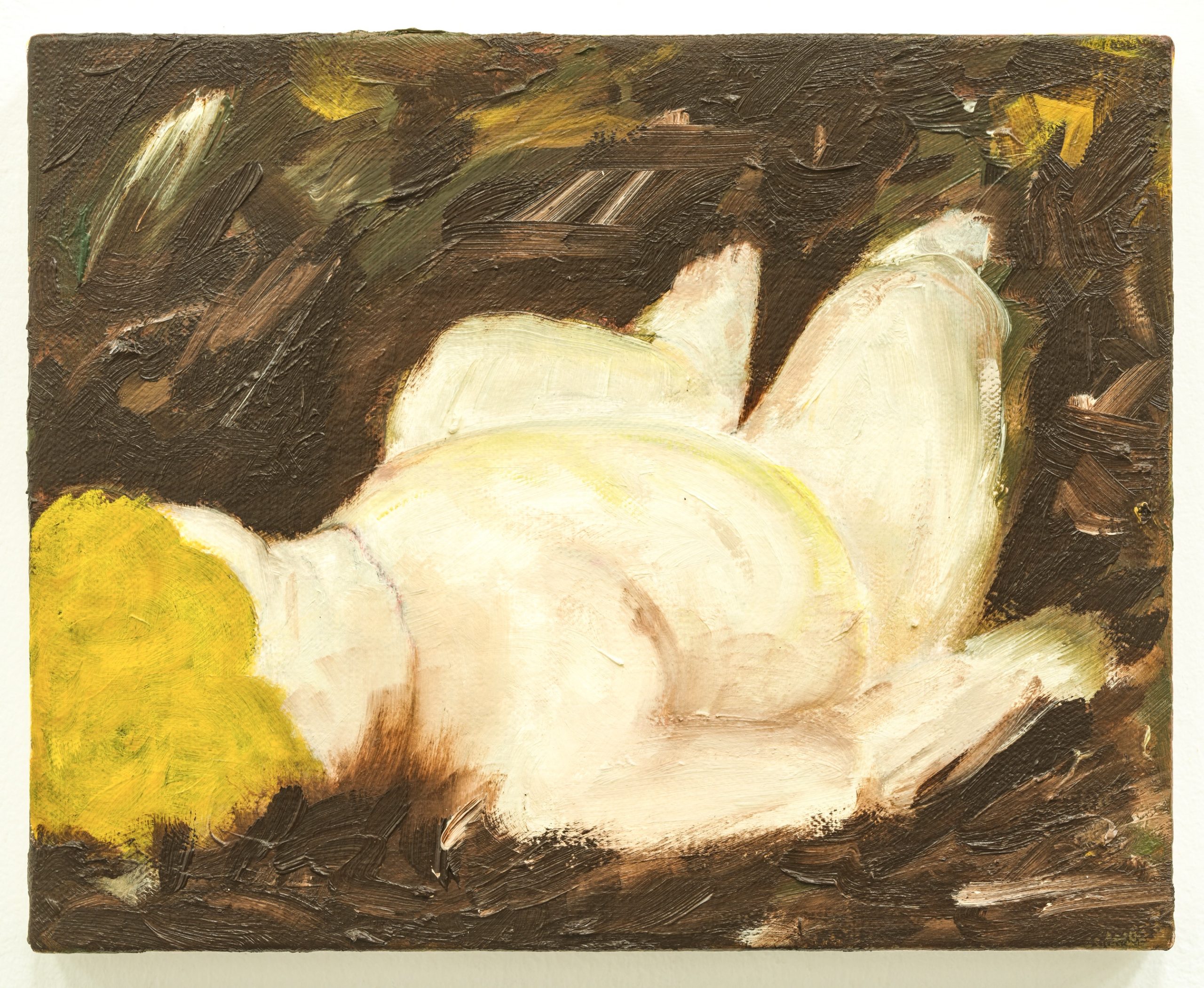 A pale infant figure against dark brushwork in Mud Baby 1 by Rachel Howard