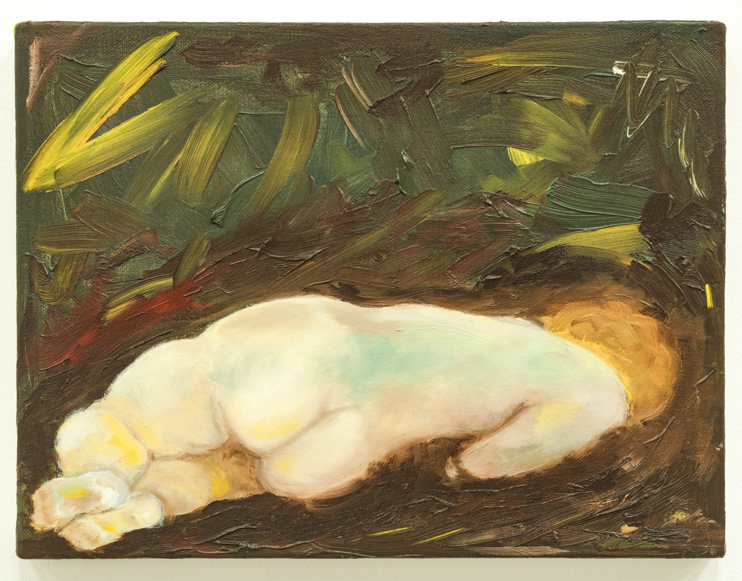 Curled infant figure amid green and brown brushstrokes in Mud Baby 2