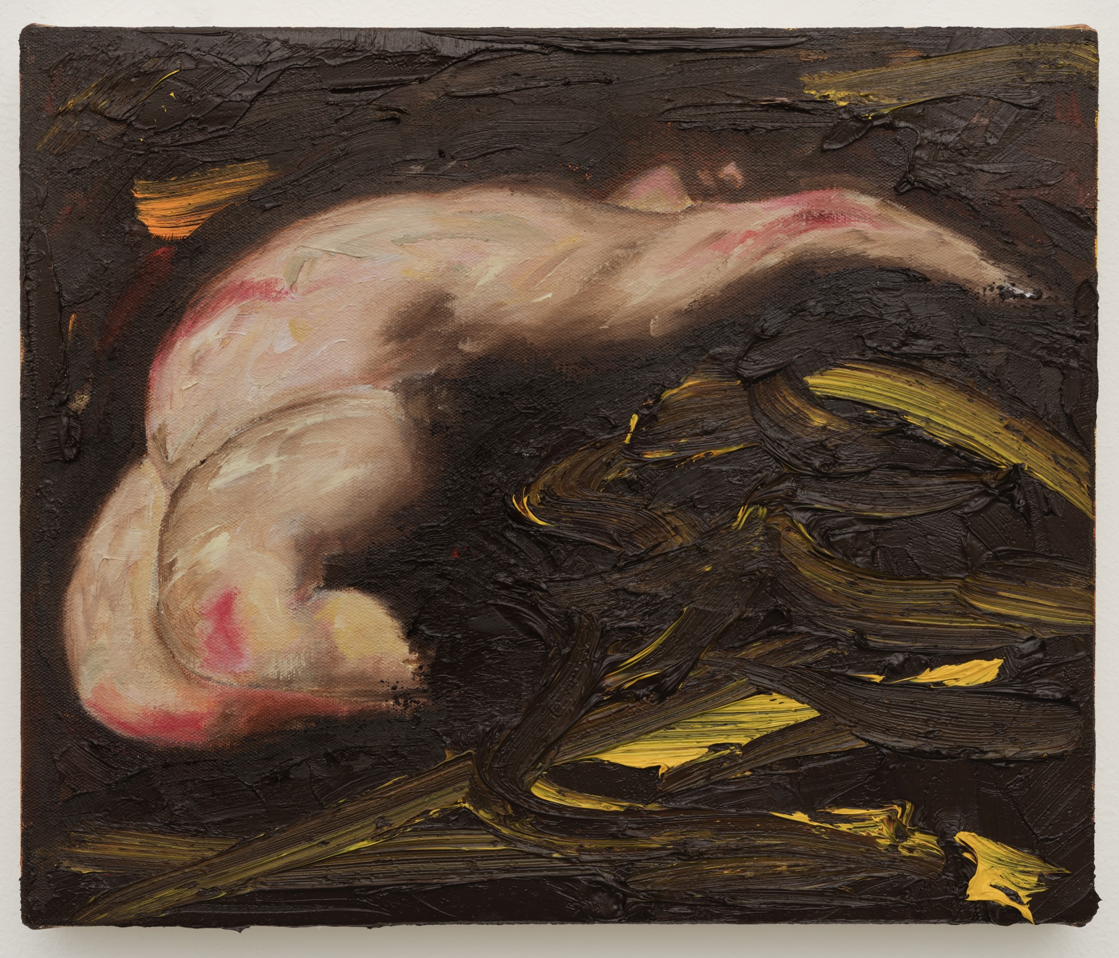 An infant figure painted in pink tones against thick dark strokes