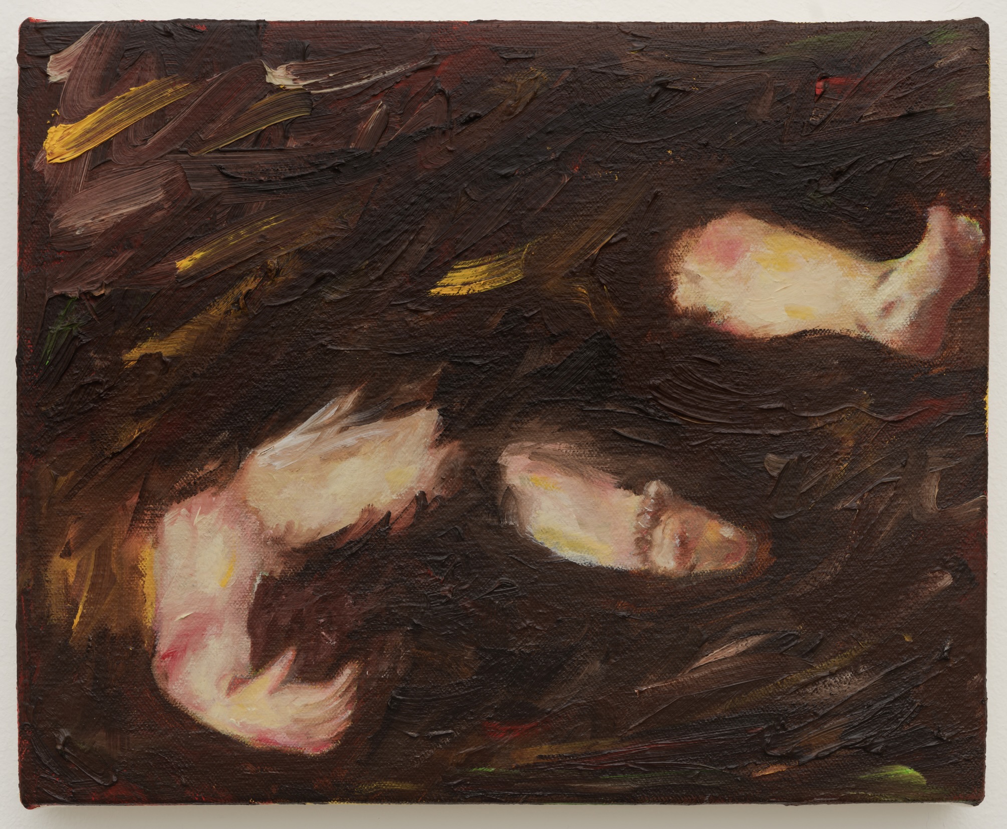 Fragmented pale figures against a dark painted ground in Mud Baby 7