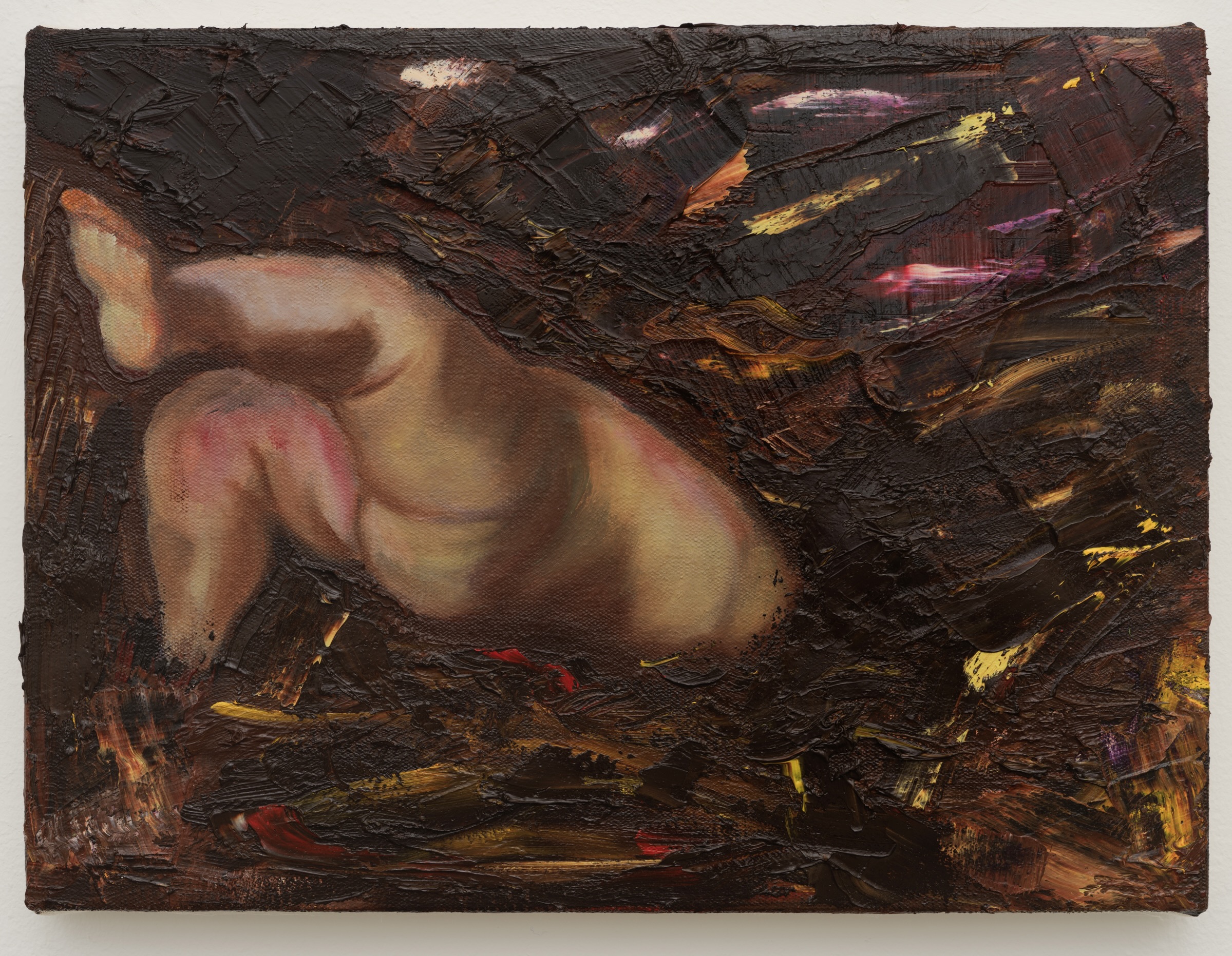 A small curled figure set within dense brown brushwork in the Mud Baby series