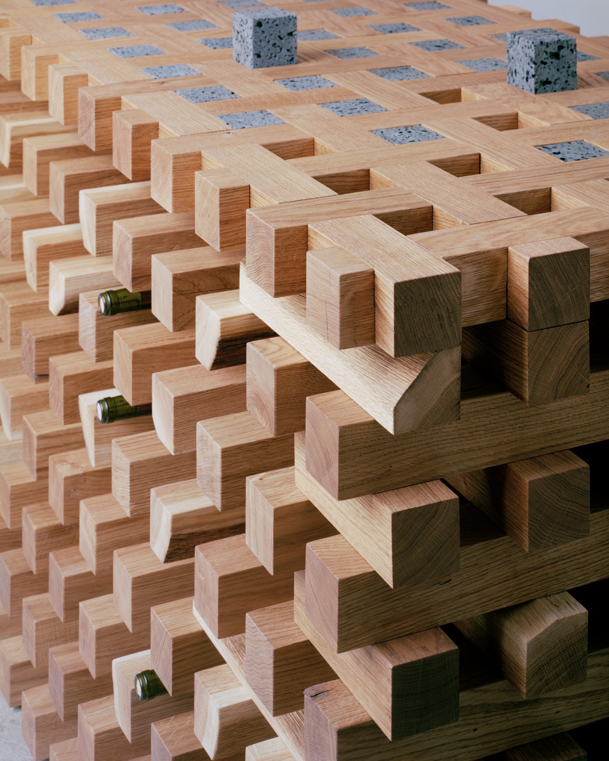 Close-up of interlocking solid oak joinery used for custom furniture
