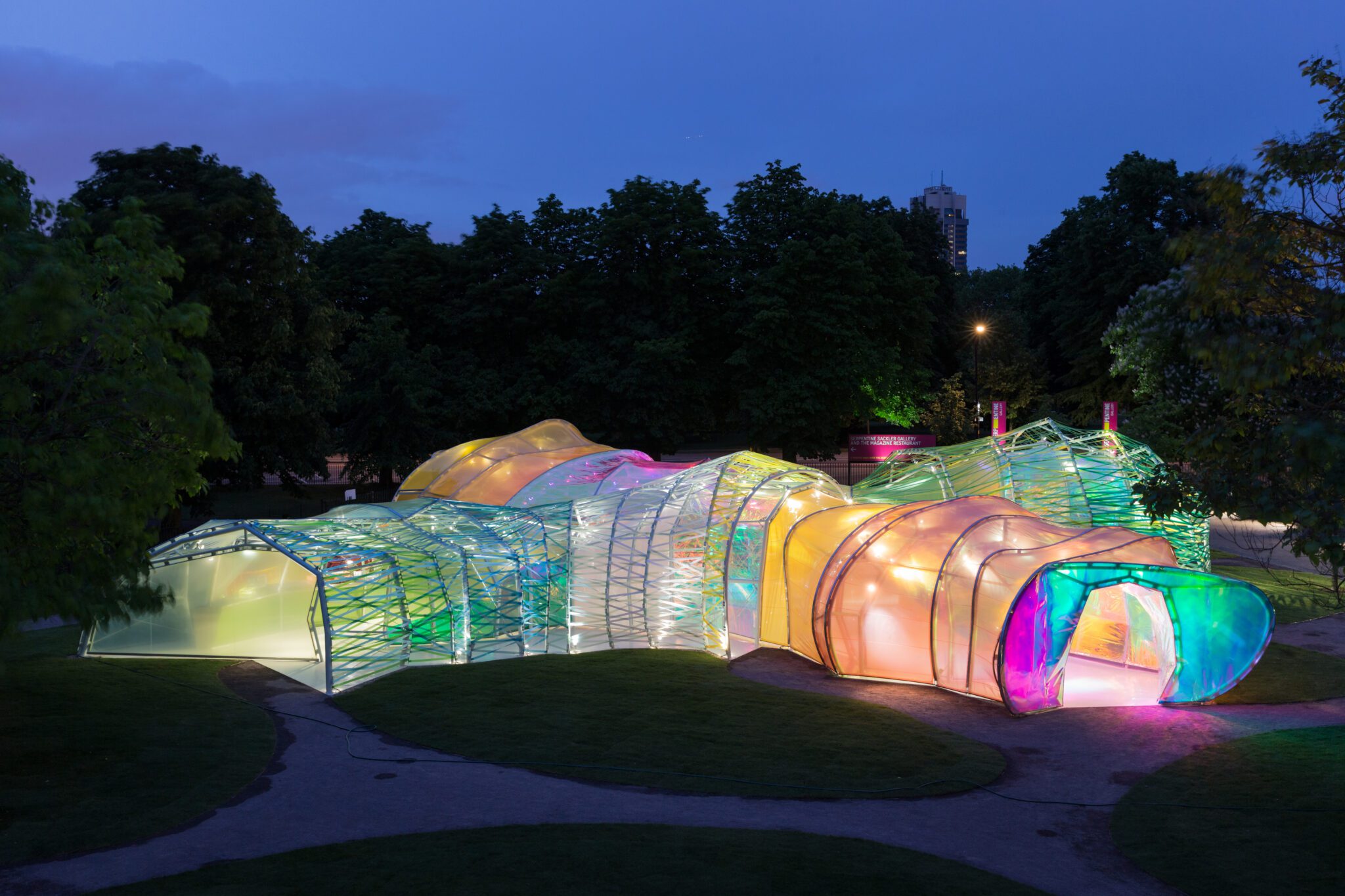 The translucent, multicoloured ETFE skin of selgascano’s Pavilion makes movement through the structure part of the experience. Photograph by Iwan Baan.