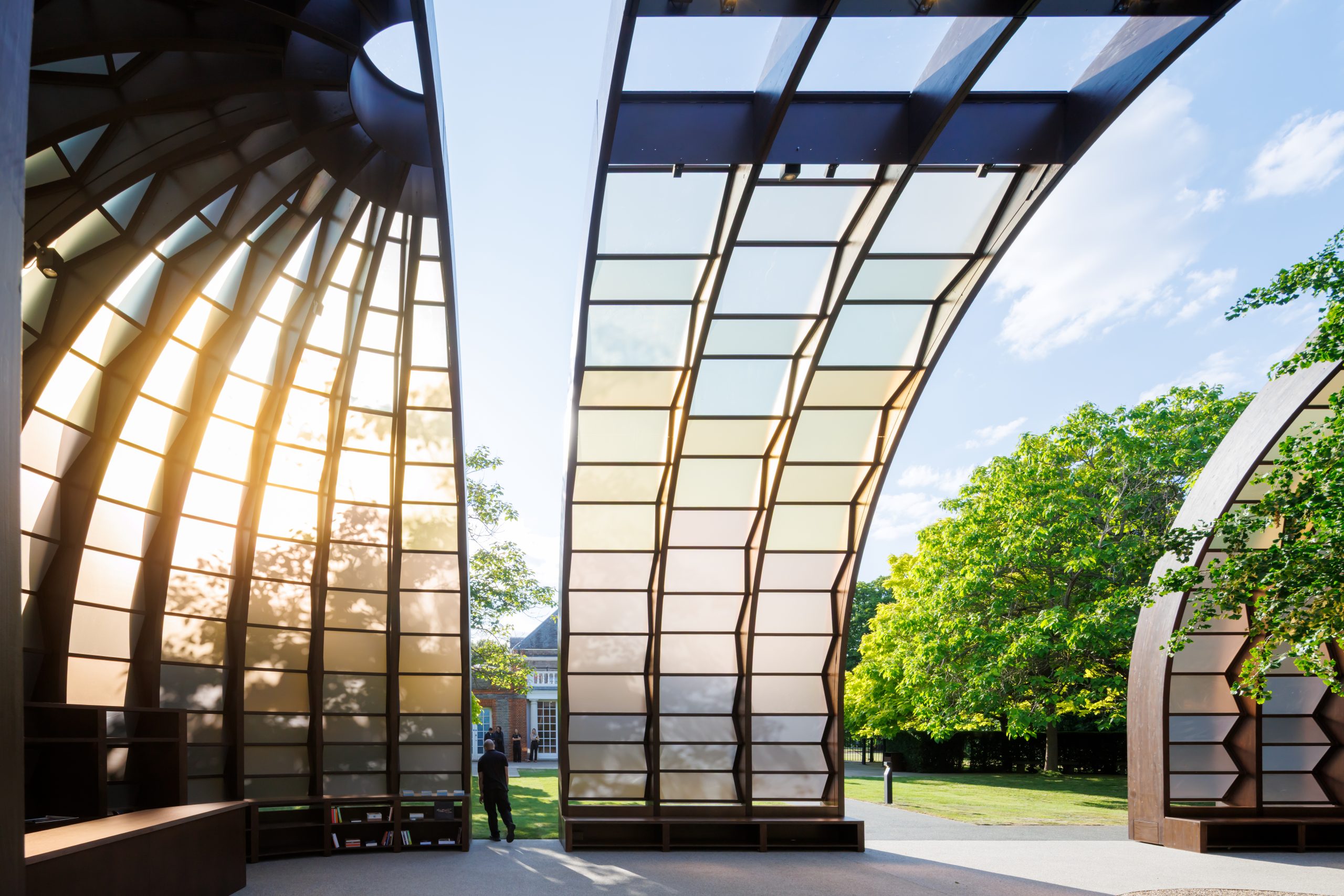 Interior of the 2025 Serpentine Pavilion A Capsule in Time by Marina Tabassum, showing the light-filled sheltered space.