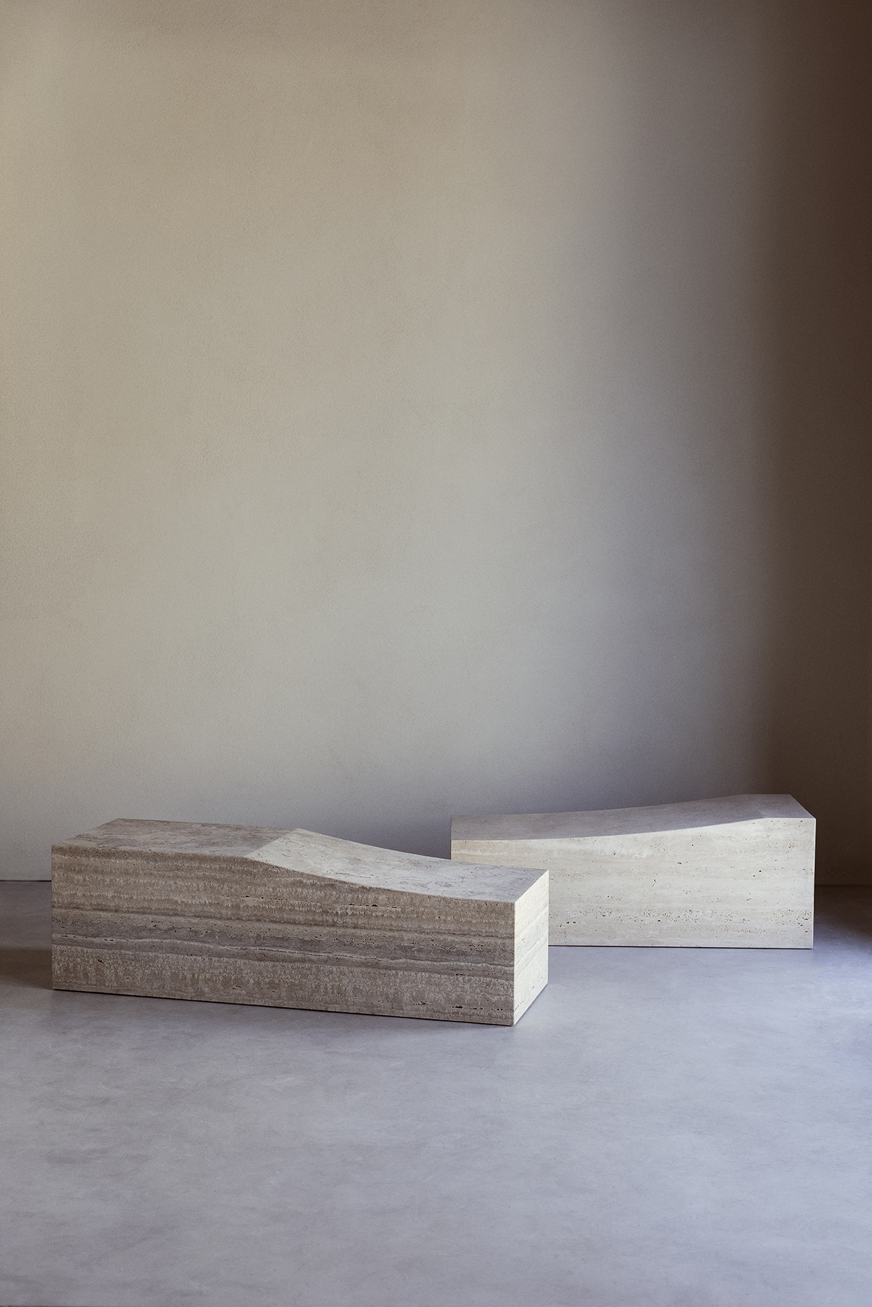 Mon travertine bench and side table