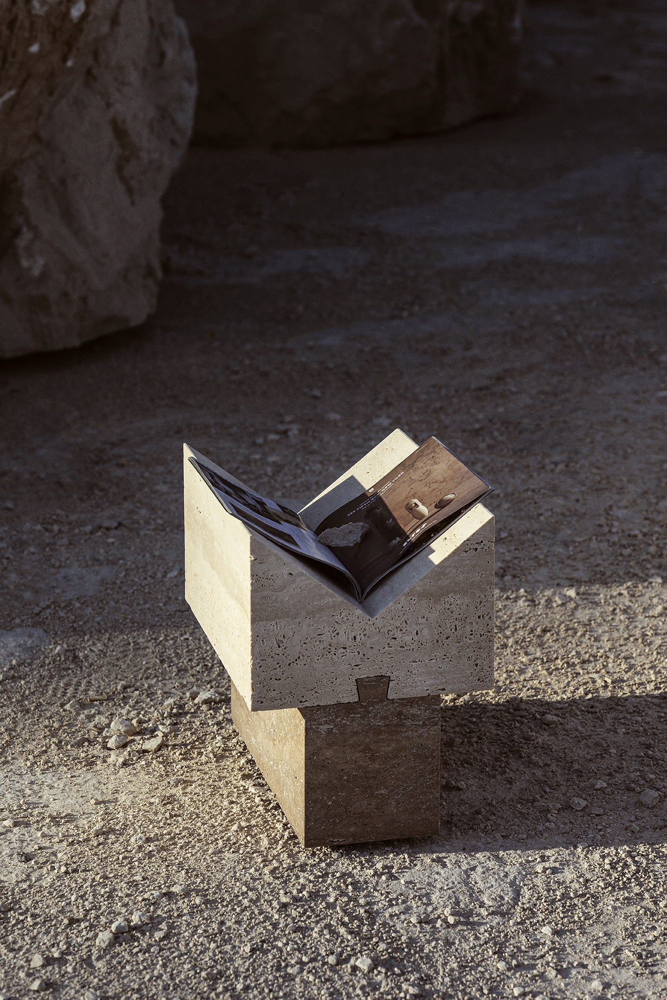 Ori magazine rack combining two travertine types