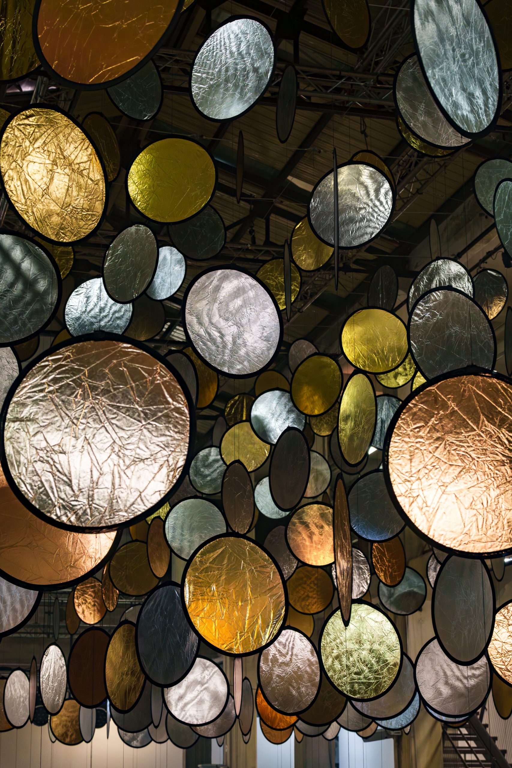 Detail of the textured reflective surfaces and dark circular rims in HALOS