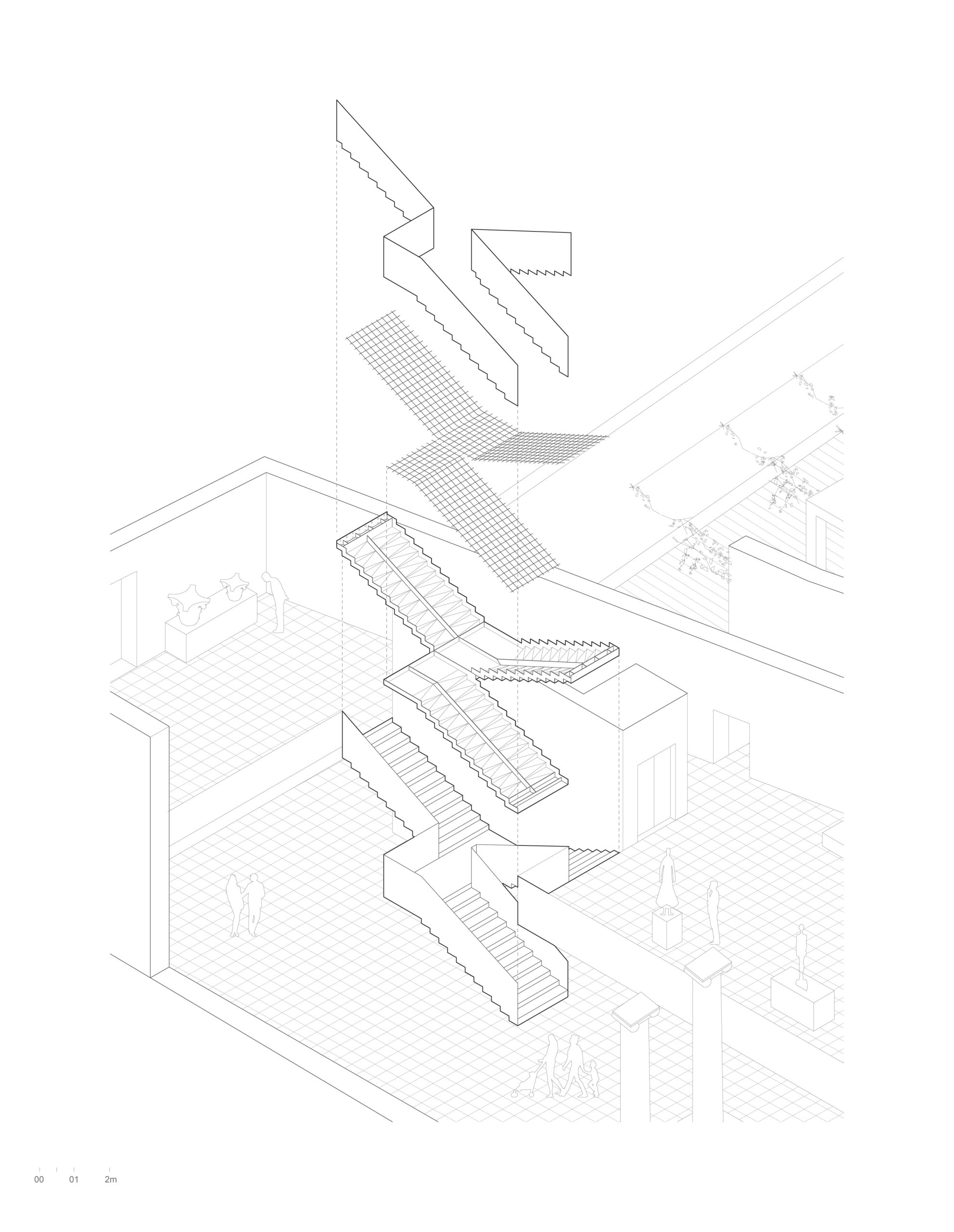 Exploded axonometric drawing of the museum staircase