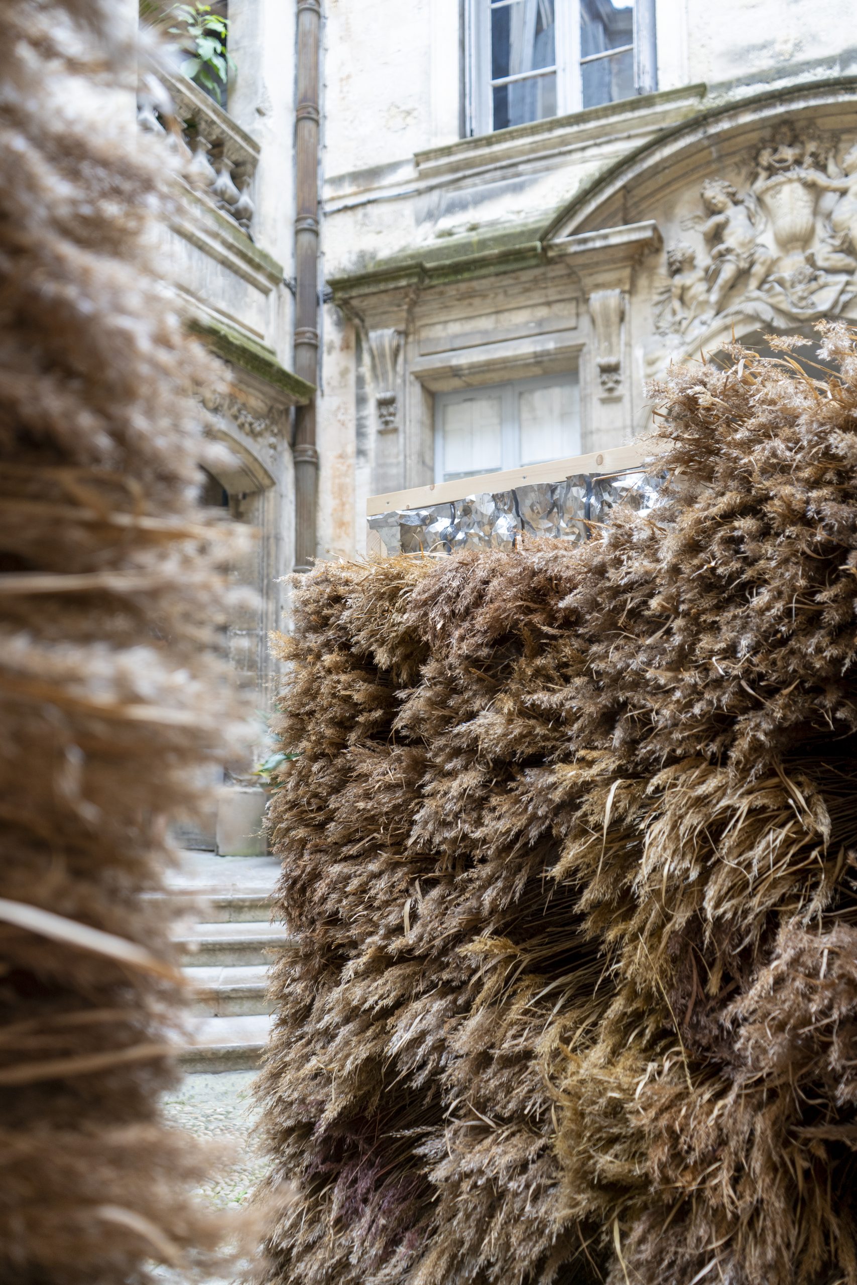 Reed surface against the carved stone courtyard facade