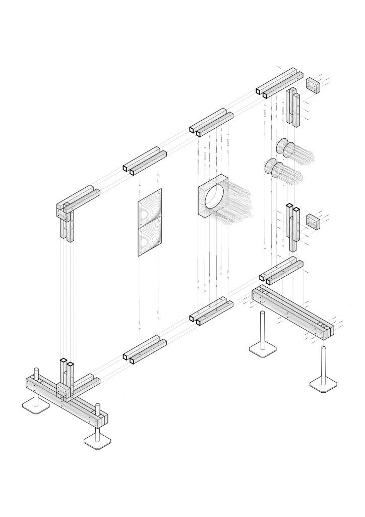 Exploded assembly drawing of the timber wall frame