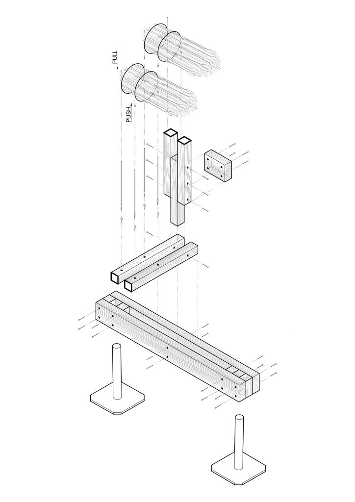 Construction detail of the adjustable footing and timber base