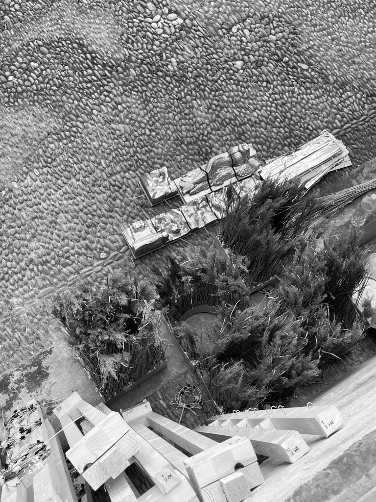 Overhead view of the installation during assembly