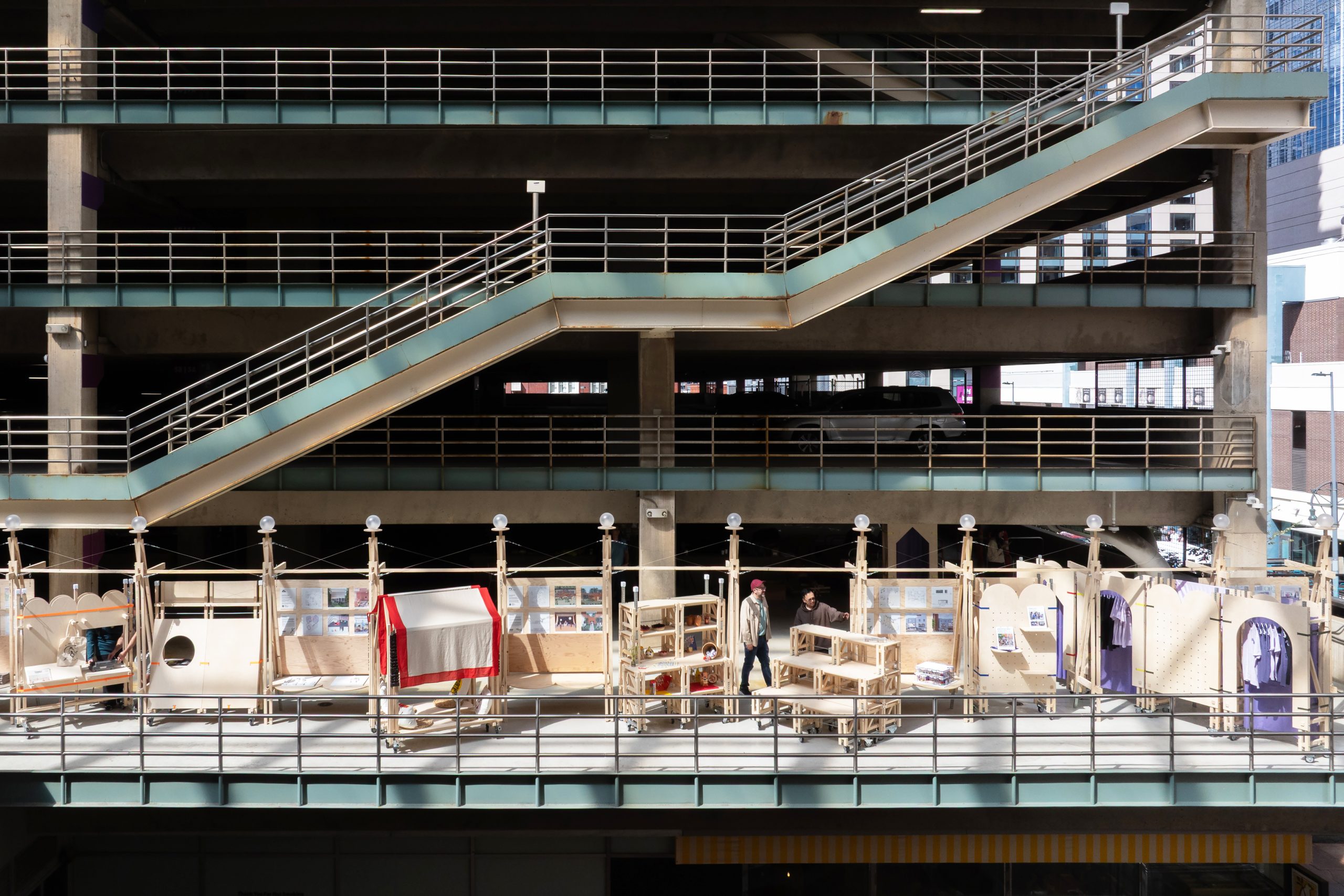 Full view of the timber installations on the parking-garage platform, Parts of Common
