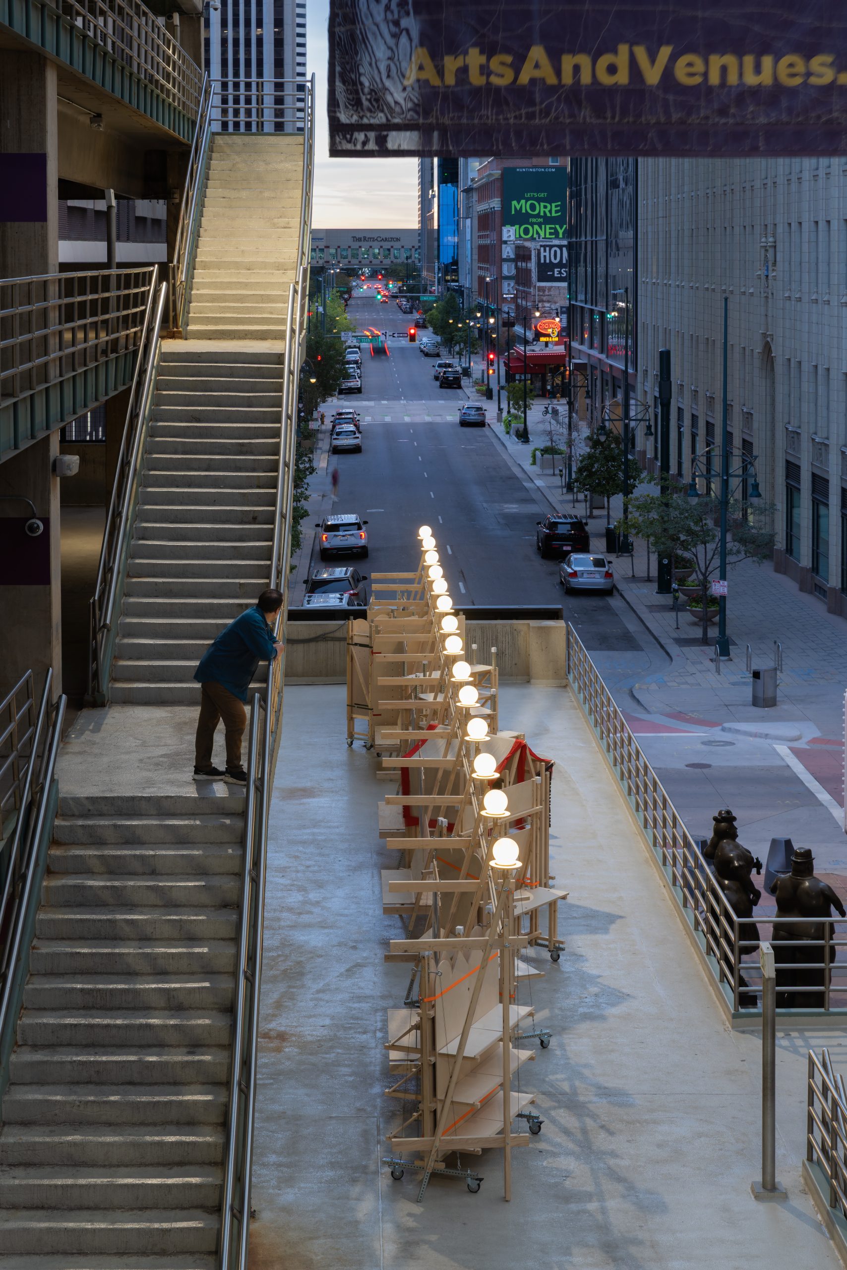 View down the row of installations from the stair, Parts of Common