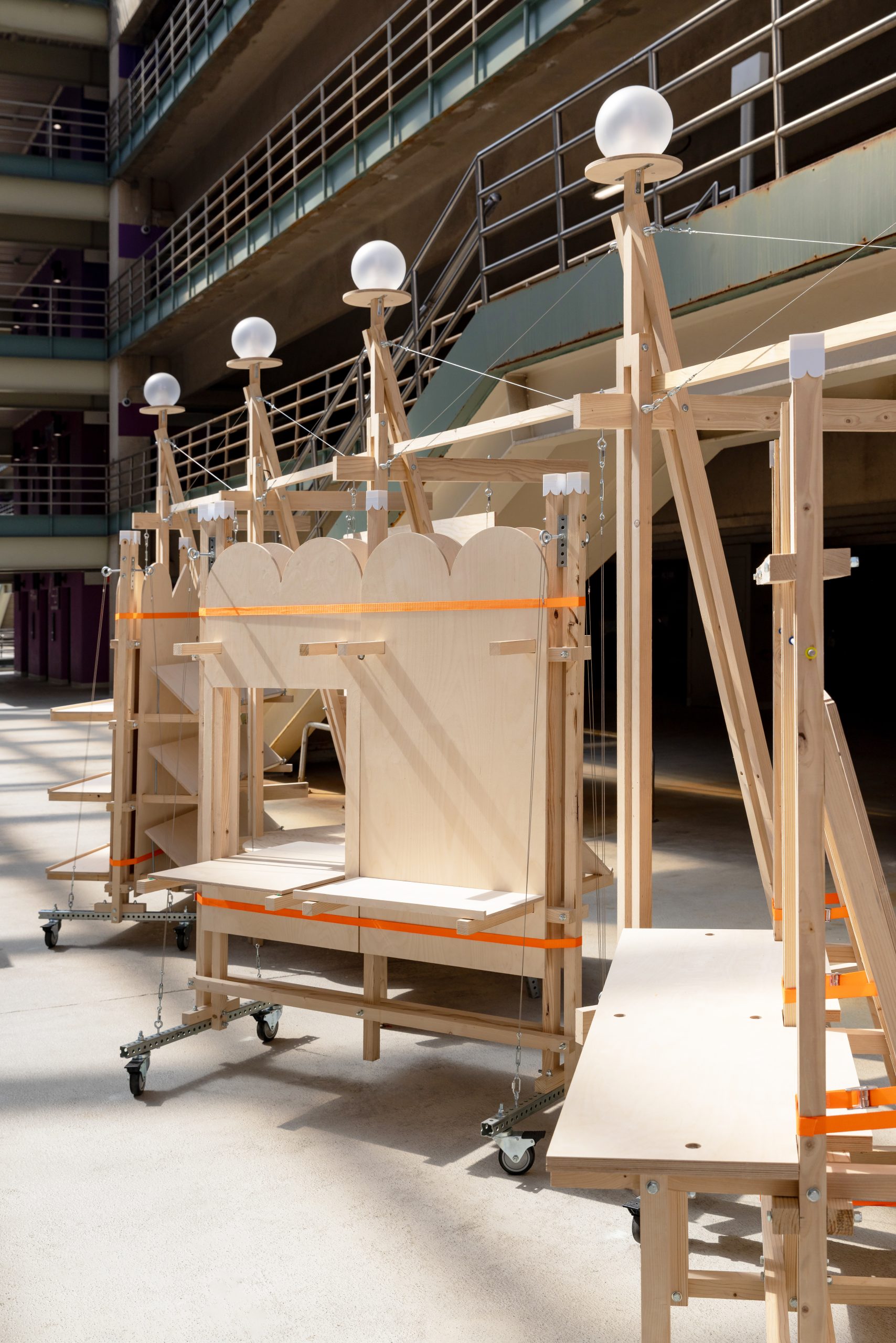 Writing table and display panel in a wheeled timber frame, Parts of Common