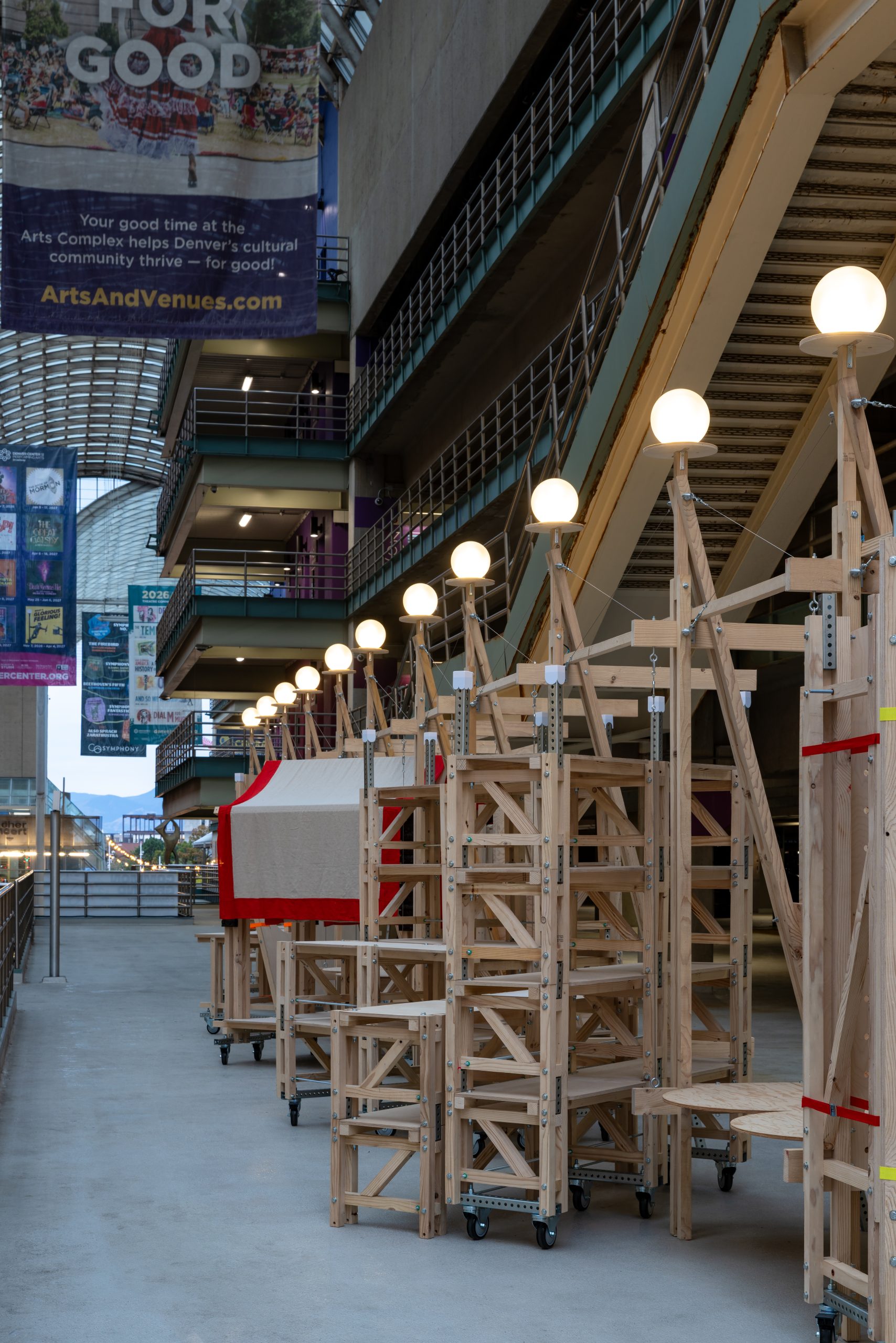 Globe lights above the timber installations, Parts of Common