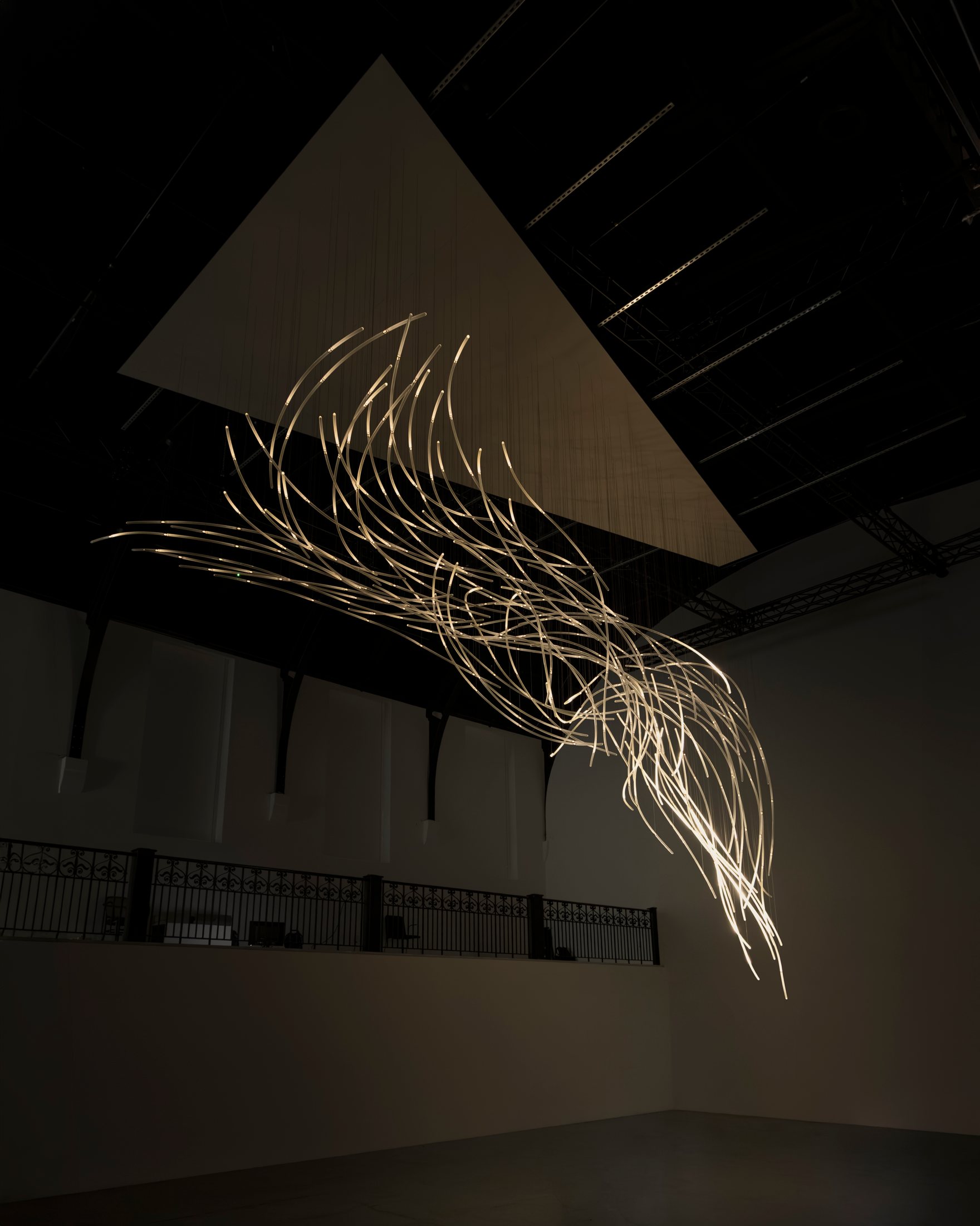 Aeolus suspended glass sculpture seen from below at Ladbroke Hall