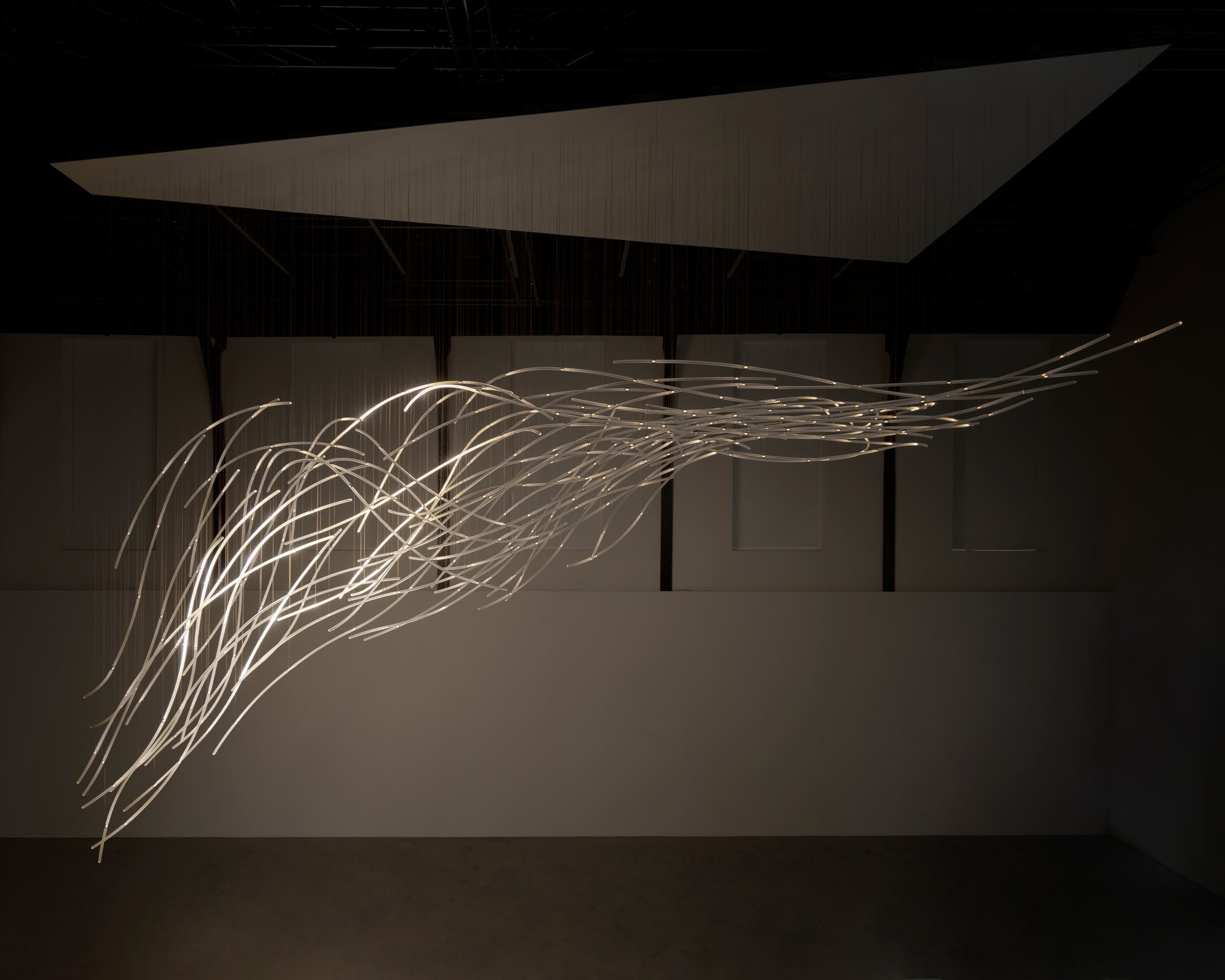 Wide view of Aeolus suspended above the gallery floor