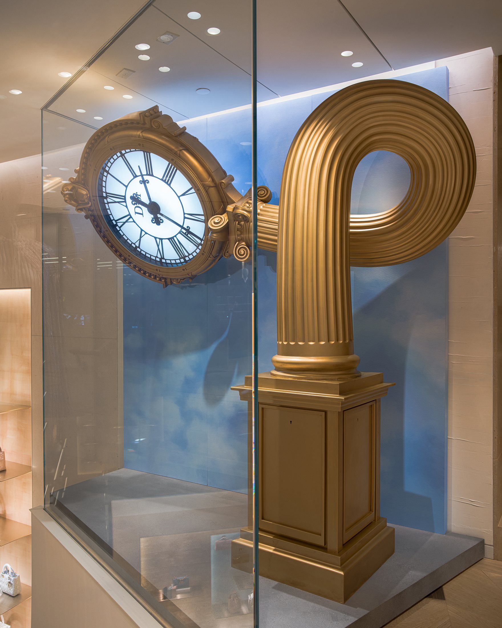 Looped clock column viewed from inside House of Dior New York