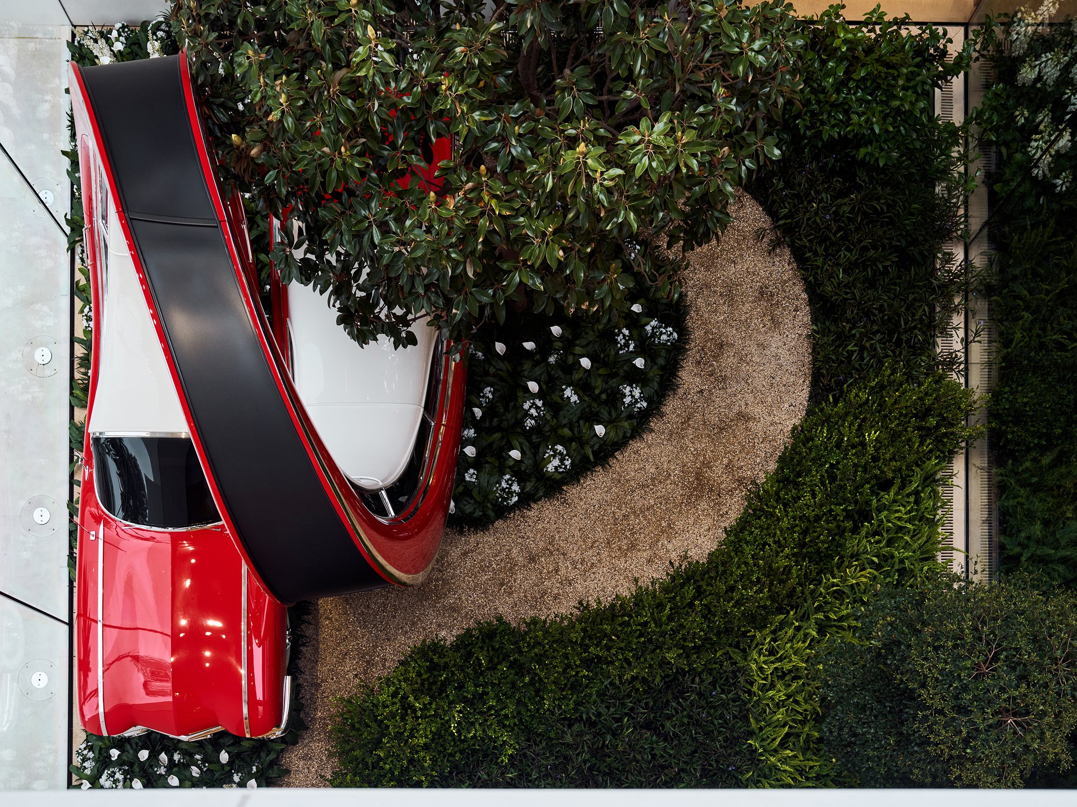 Overhead view of the red looping car and planting in Beverly Hills