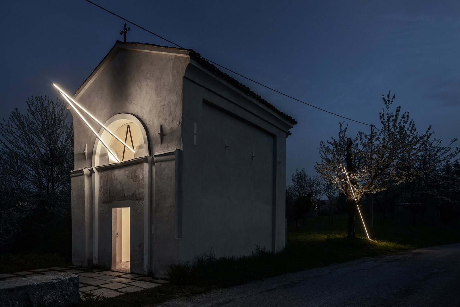Miracle light installation viewed from outside the chapel
