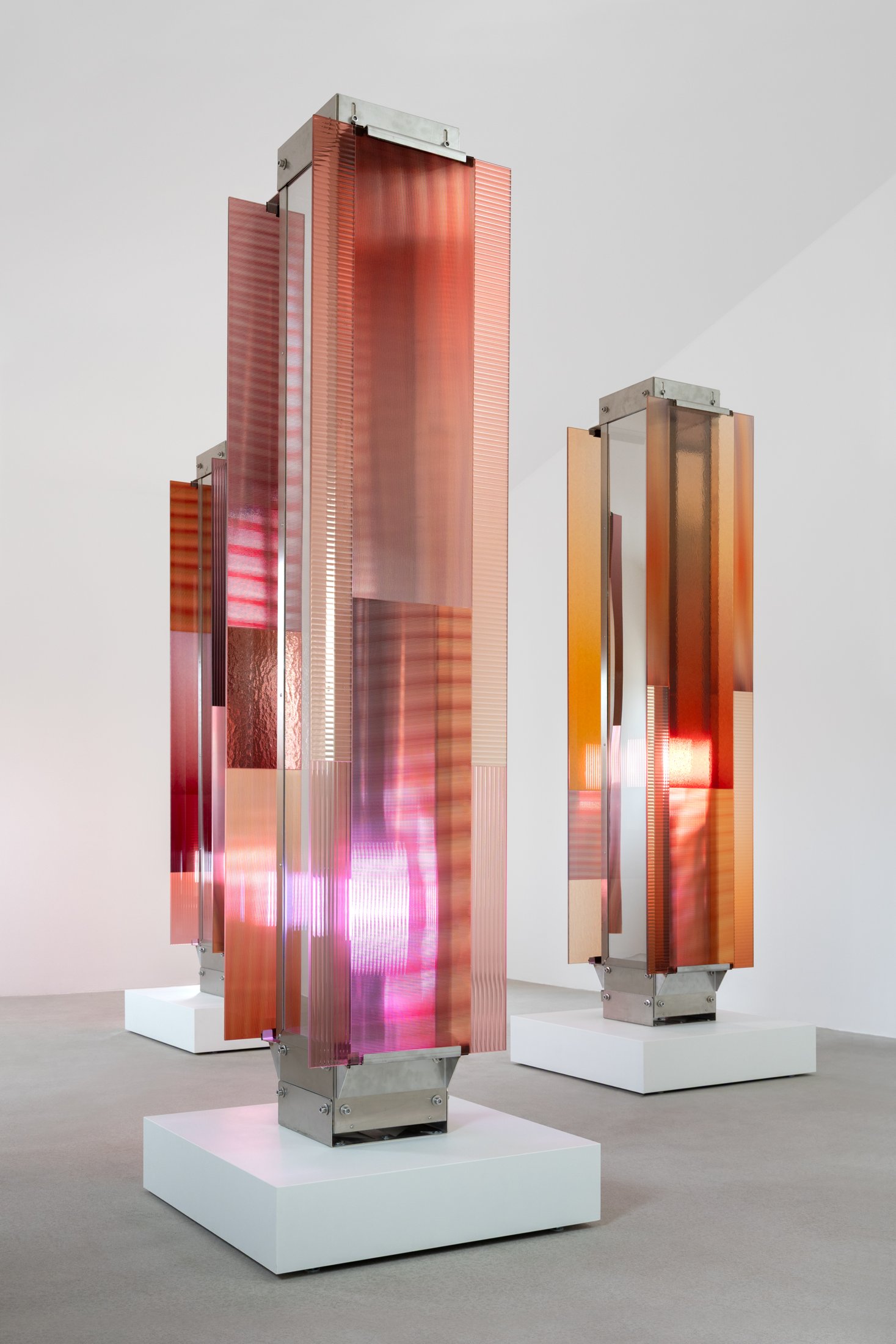 Coloured glass columns of Rive Roshan’s Garden of Hope at BOON_MONCEAU, Paris