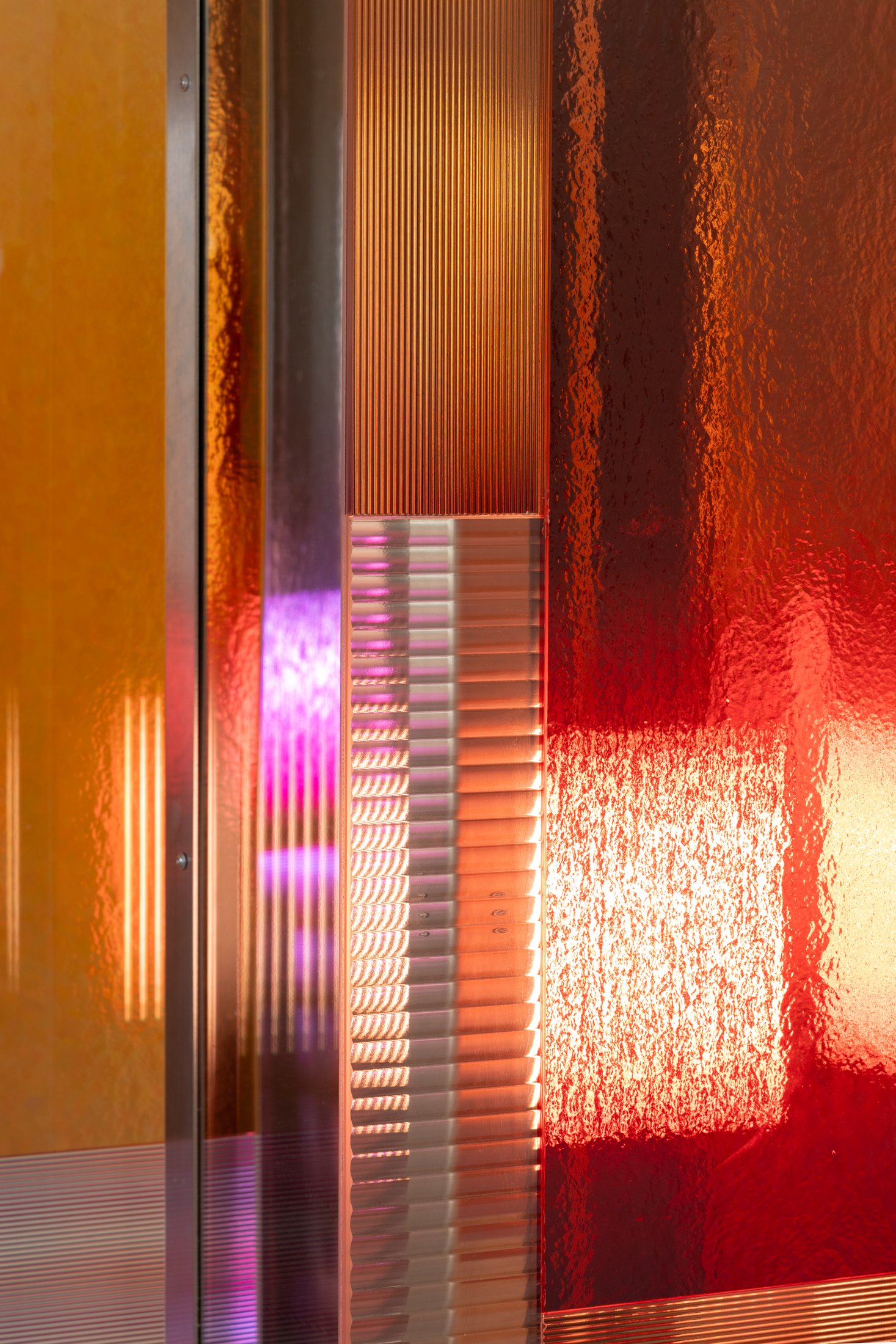 Detail of textured glass and coloured light in Rive Roshan’s Garden of Hope