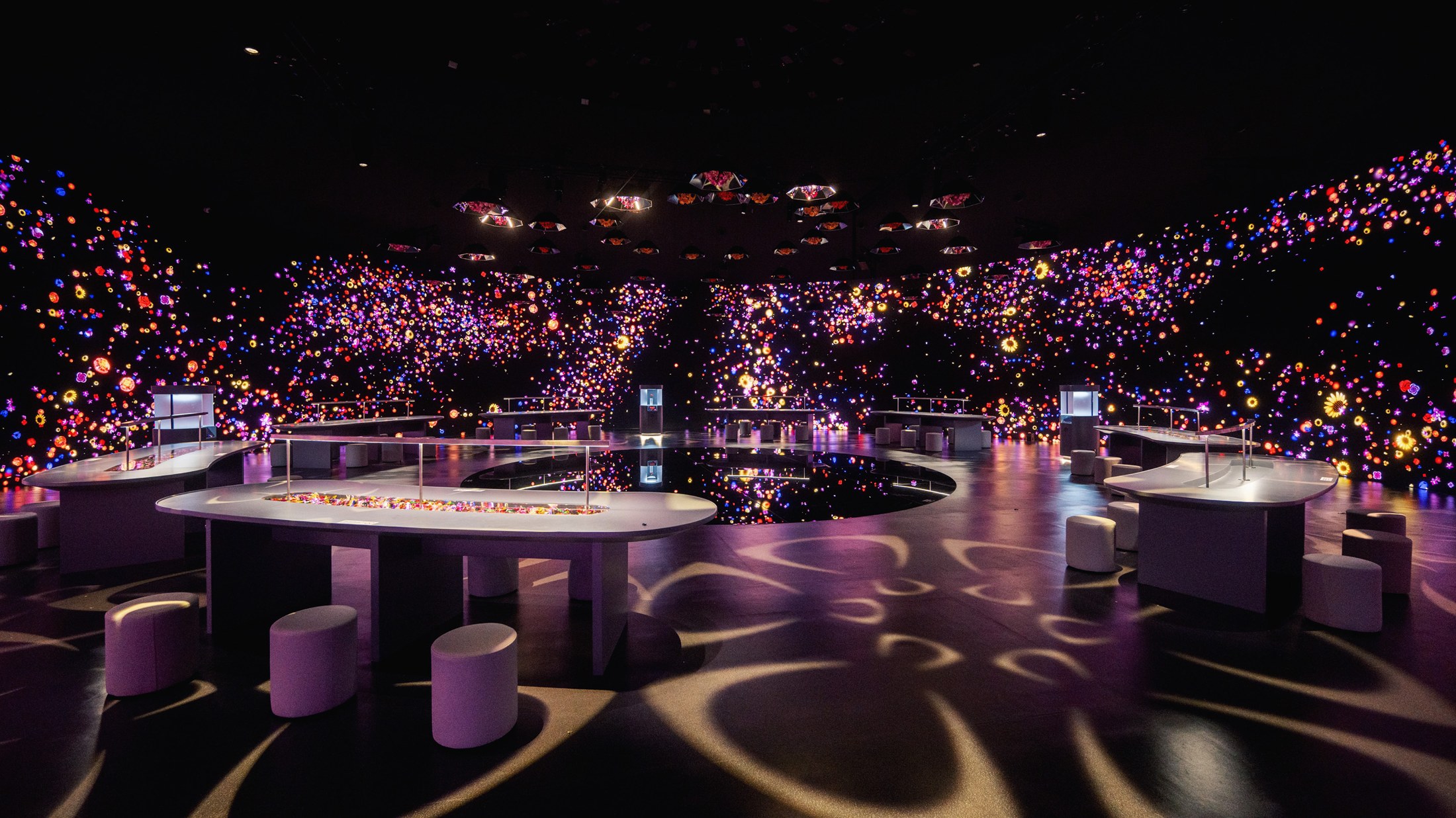 Building tables surrounded by digital flowers in Where Blooms Begin