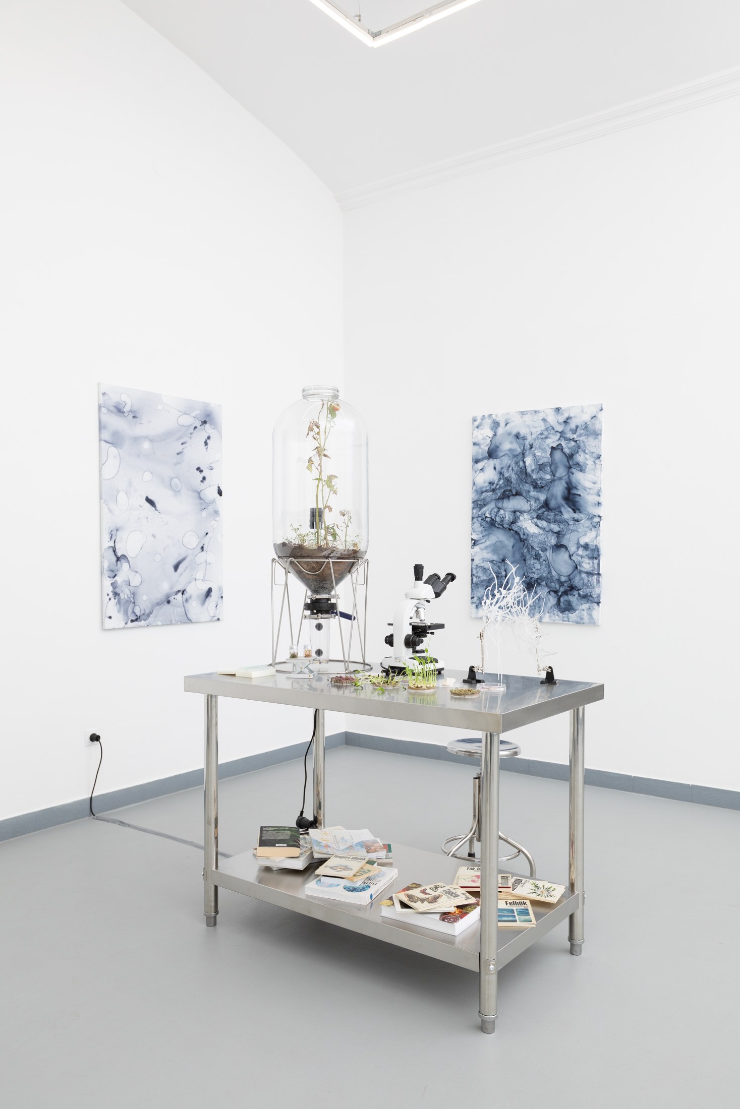 Gallery corner with paintings and a laboratory table