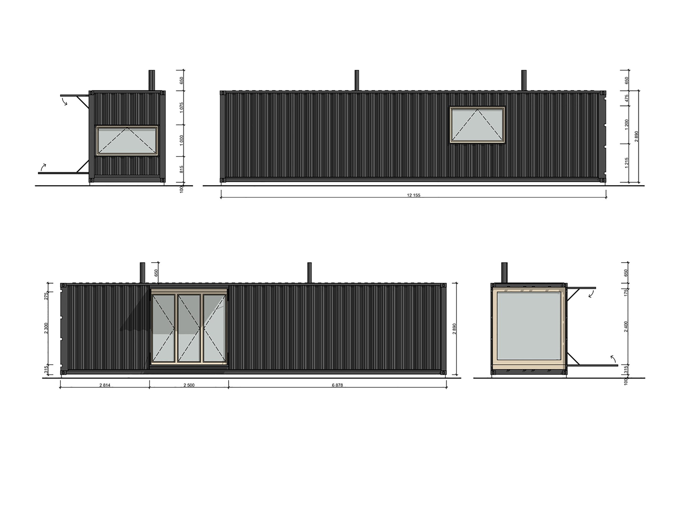 Elevations of the converted shipping container dwelling