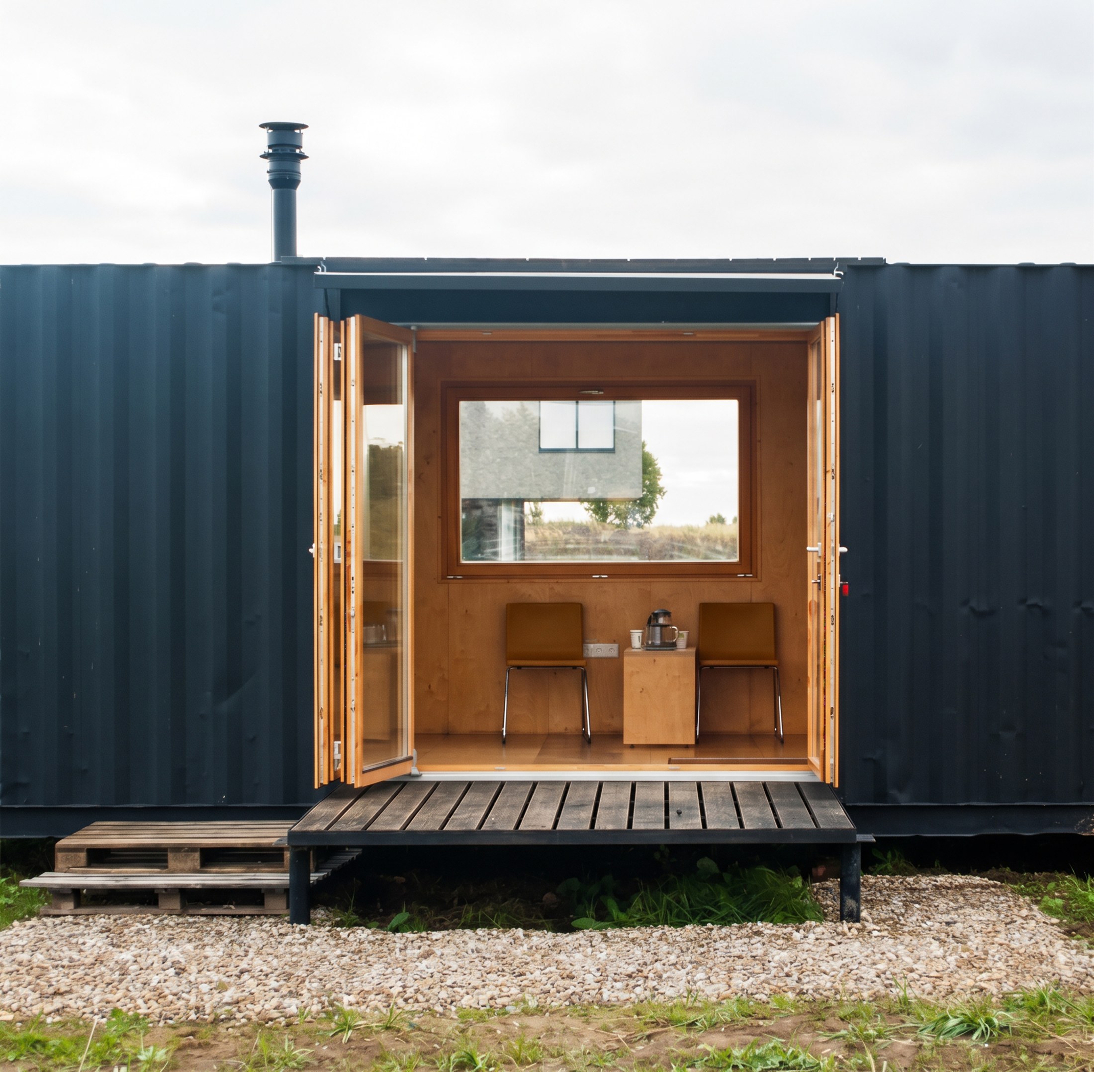 Open glazed entrance and small timber terrace