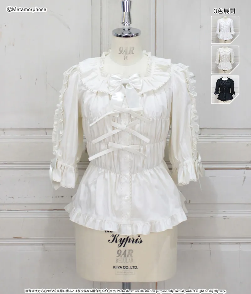 スクエアあきフリル五分袖ブラウス・ブロード