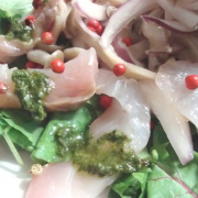 「鯛のカルパッチョ☆バジルソース添え♪」オリーブオイルの初搾りはいつなの？　いまでしょ！★旬なオイルプレゼント！！！の投稿画像