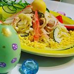 '.。o0*゜いちまさのピュアふぶき、サラダスティックを使ってスパサラ🍝.。o0*゜'#イースター #ピュアふぶき #白身魚揚げ #サラダスティック #いちまさ #一正蒲鉾 #mo&hellip;のInstagram画像