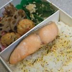 おはようございます☀#ババじーさんのお弁当 #ふんわり白身魚揚げ#絹さやの卵とじひじきの煮物、鮭、えのこだけの肉巻き、レンコン#いちまさのねり弁  #お弁当  #いちまさ  #一正&hellip;のInstagram画像