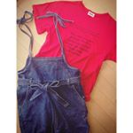 ＊..ANDJ のお洋服いただきました ☺︎.トップスは緩くていいかんじ ◎デニムのサロペットは肩紐が自分で調節したり結び方変えたりできる 👌ウエストリボンでサイドにボ&hellip;のInstagram画像