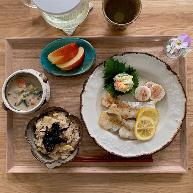 口コミ投稿：..いつかのごはん⁎たけのこご飯 ⁎ポテトサラダ ⁎山芋ステーキ ⁎豆乳味噌スープ ⁎真鱈…